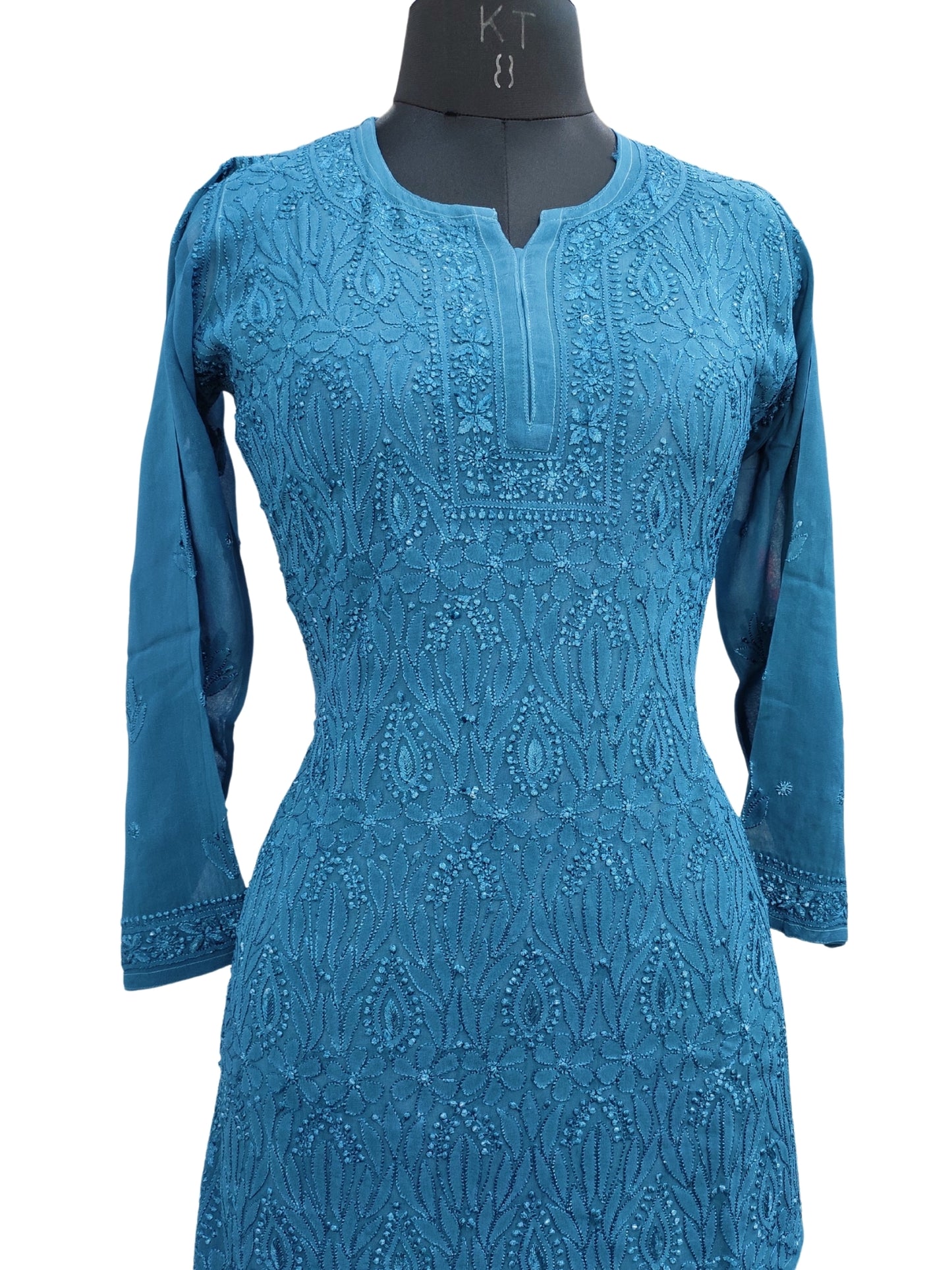 Shyamal Chikan Hand Embroidered Peacock Blue Viscose Georgette Lucknowi Chikankari Short Top - S26110