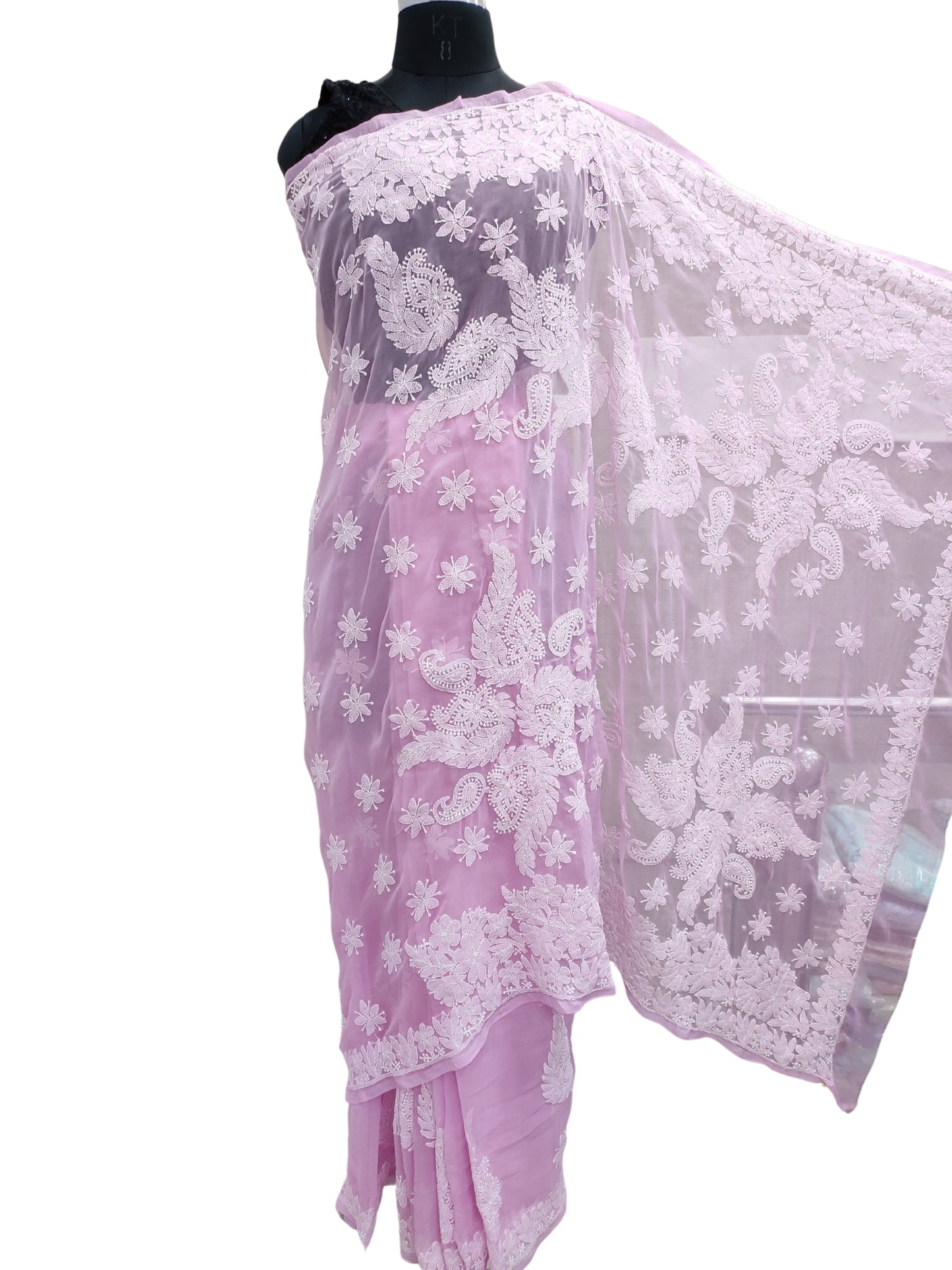 Shyamal Chikan Hand Embroidered Pink Georgette Lucknowi Chikankari Skirt Saree With Blouse Piece - S26477