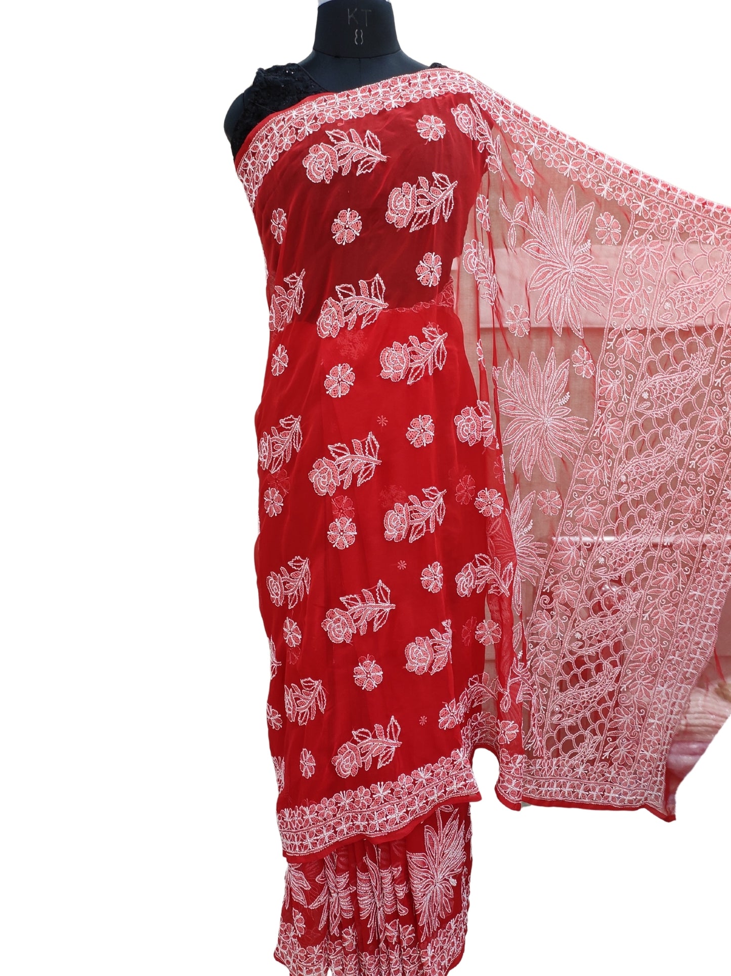Shyamal Chikan Hand Embroidered Red Georgette Lucknowi Chikankari Skirt Saree With Blouse Piece - S26069