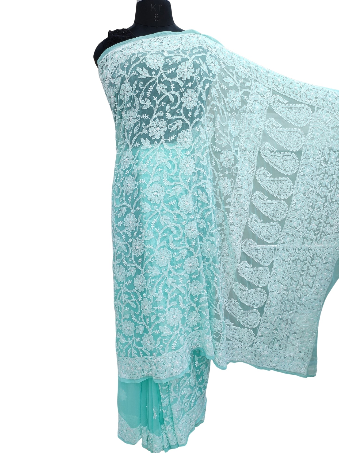 Shyamal Chikan Hand Embroidered Sea Green Georgette Lucknowi Chikankari Shoulder Jaal Saree With Blouse Piece - S26050