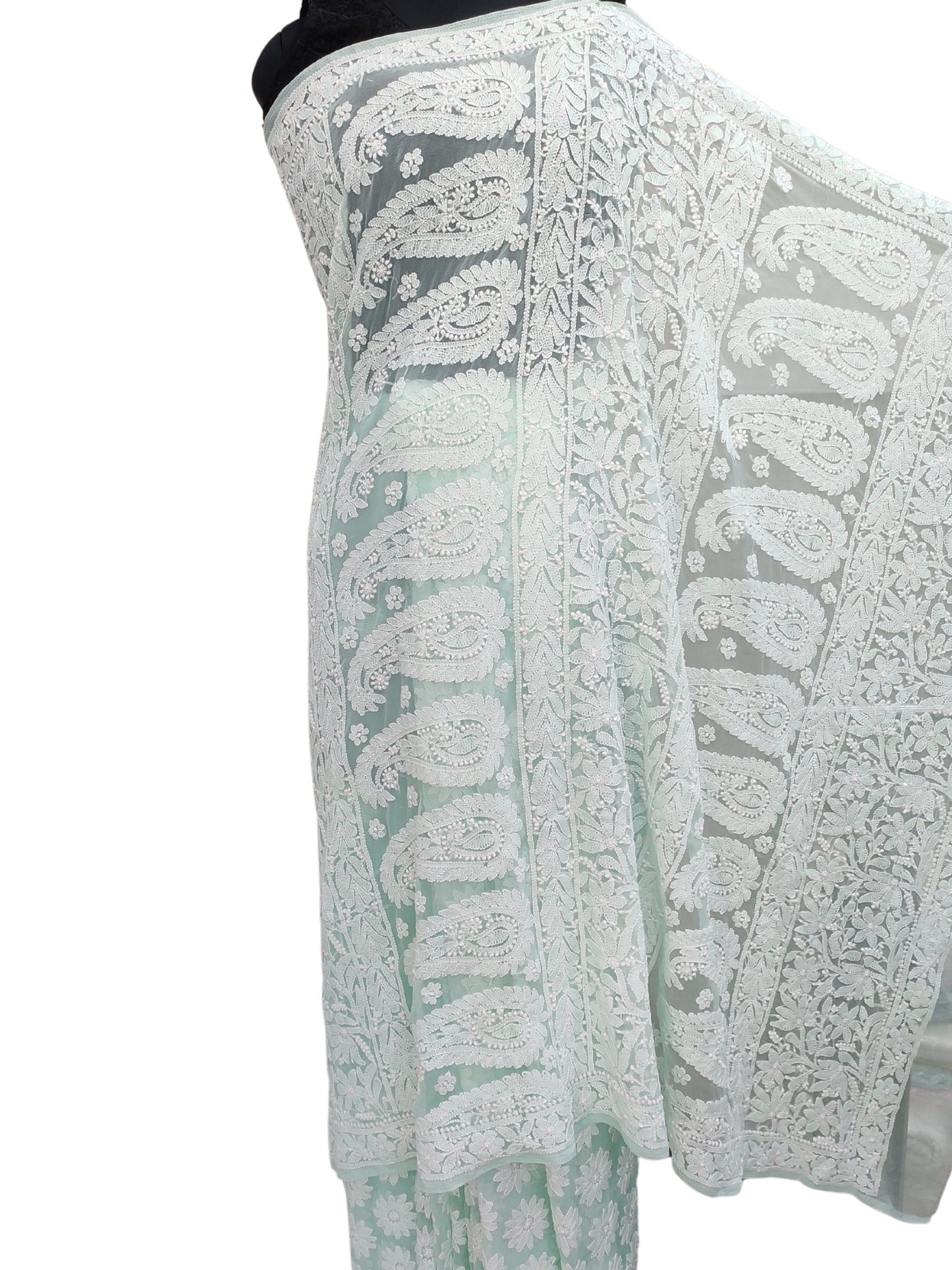 Shyamal Chikan Hand Embroidered Sea Green Georgette Lucknowi Chikankari Shoulder Jaal Saree With Blouse Piece - S26278