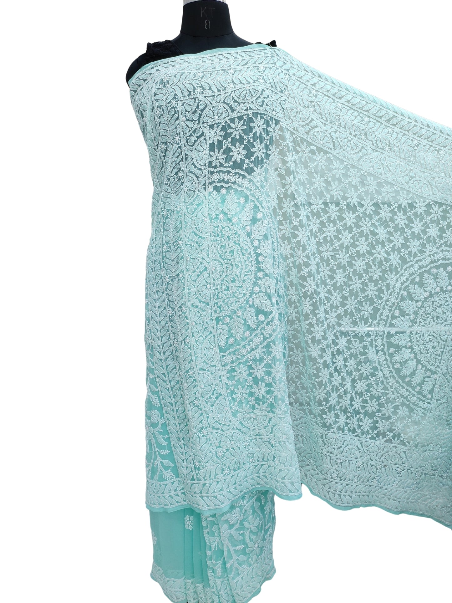 Shyamal Chikan Hand Embroidered Sea Green Georgette Lucknowi Chikankari Shoulder Jaal Saree With Blouse Piece - S26387