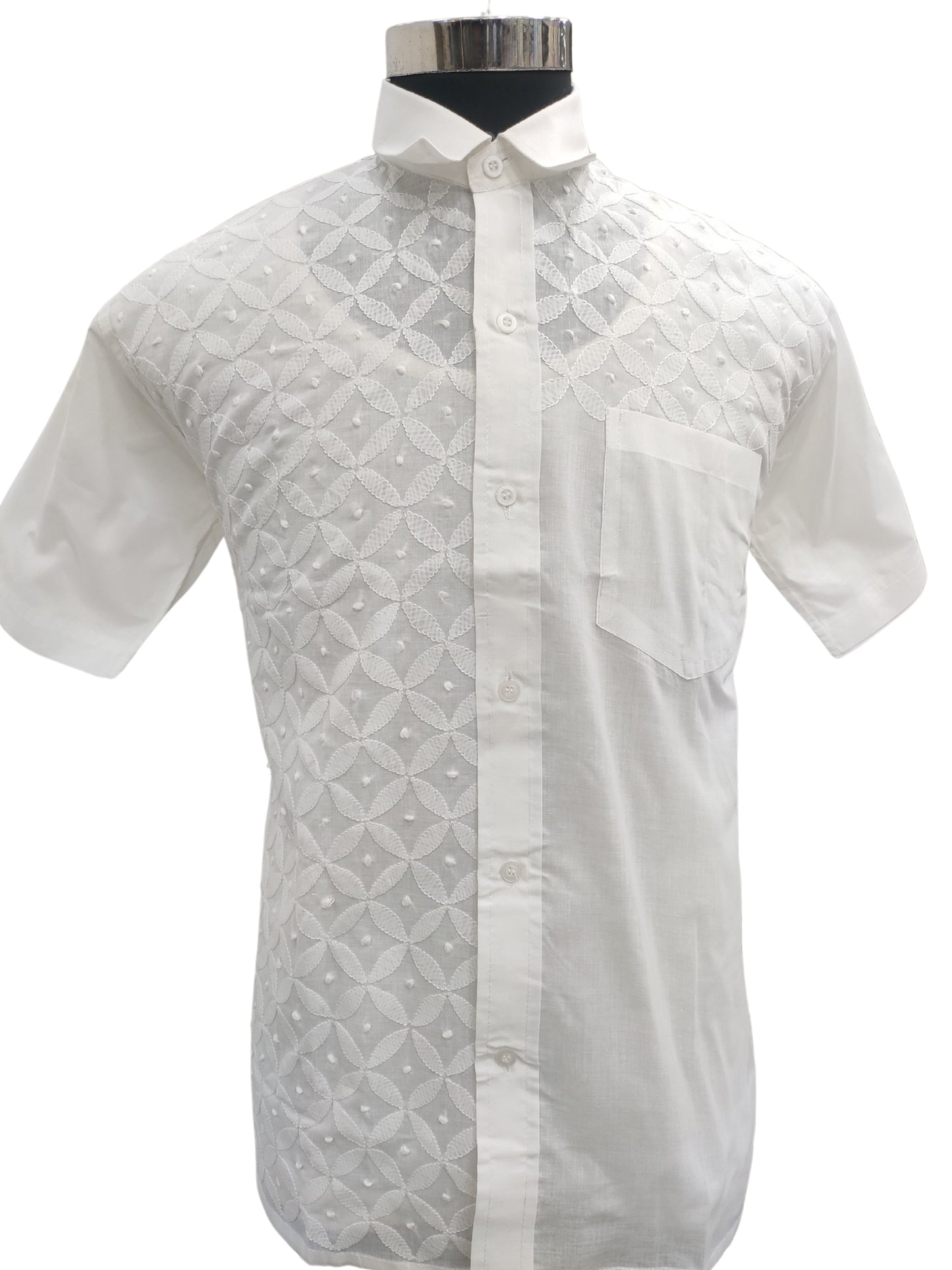 Shyamal Chikan Hand Embroidered White Cotton Lucknowi Chikankari Half Jaal Men's Shirt – S26796