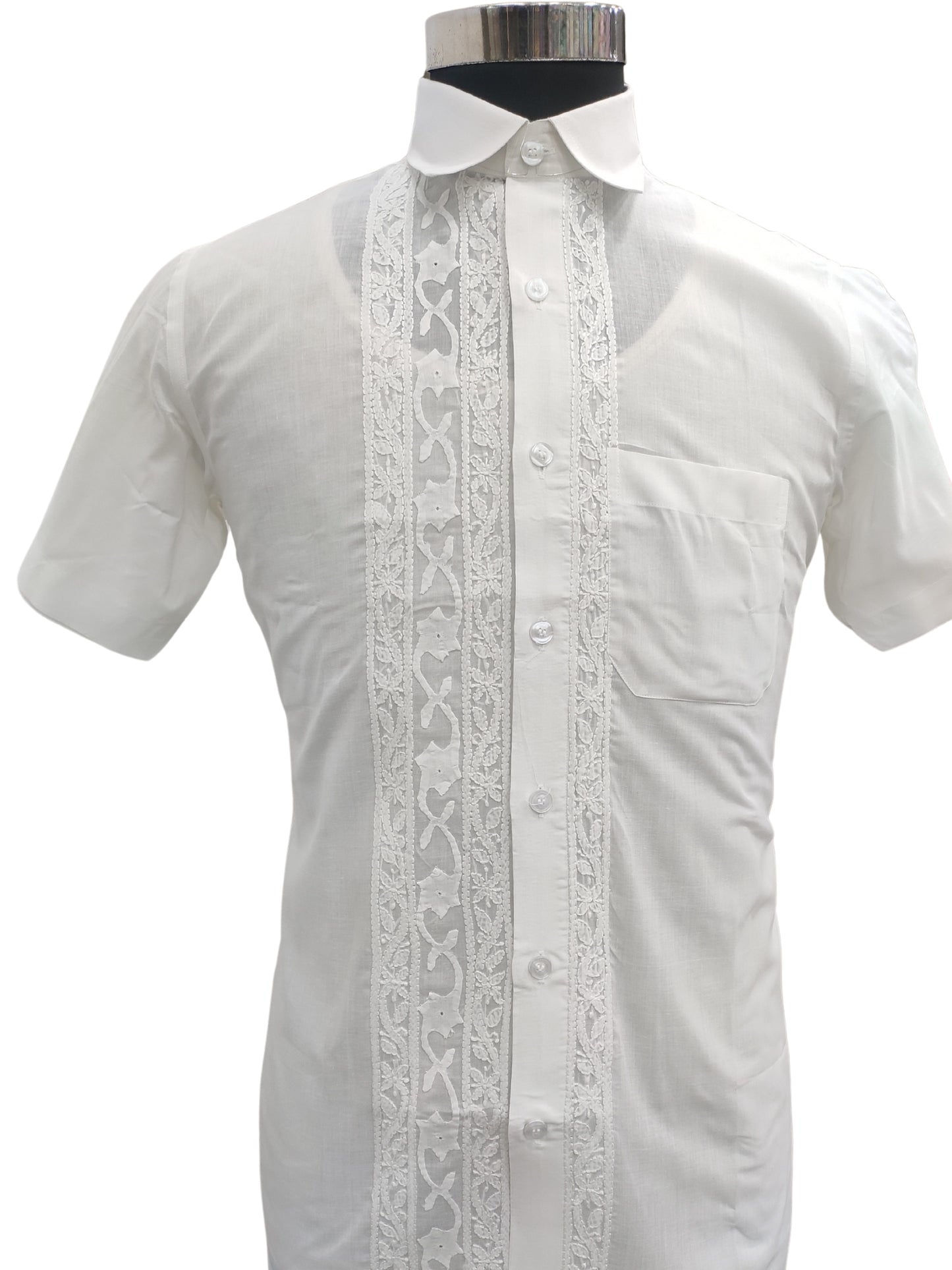 Shyamal Chikan Hand Embroidered White Cotton Lucknowi Chikankari Men's Shirt With Daraz Work – S26831