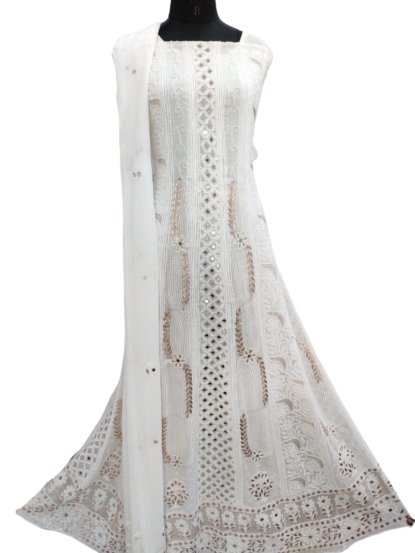 Shyamal Chikan Hand Embroidered White HQ Viscose Georgette Lucknowi Chikankari Unstitched Anarkali (Kurta Dupatta Set) With Gotta Patti and Pearl Work - S26783