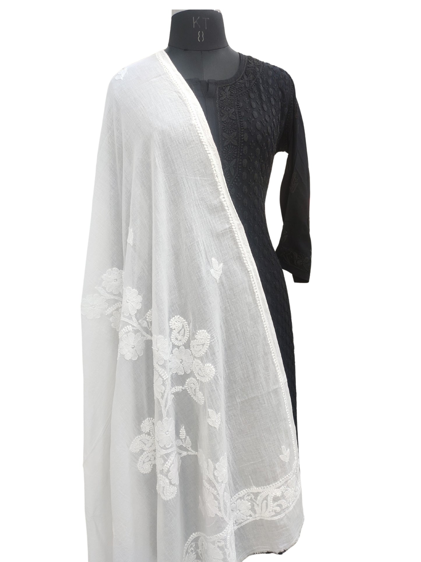 Shyamal Chikan Hand Embroidered White Malmal Cotton Lucknowi Chikankari Dupatta - S26790