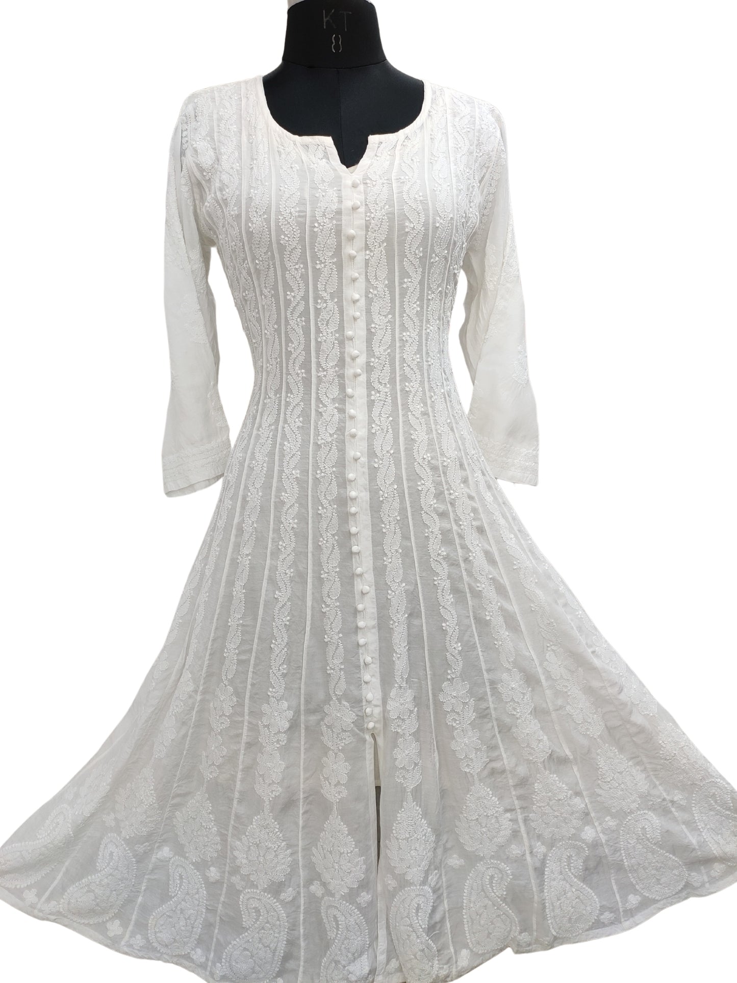 Shyamal Chikan Hand Embroidered White Muslin Lucknowi Chikankari Anarkali - S26553