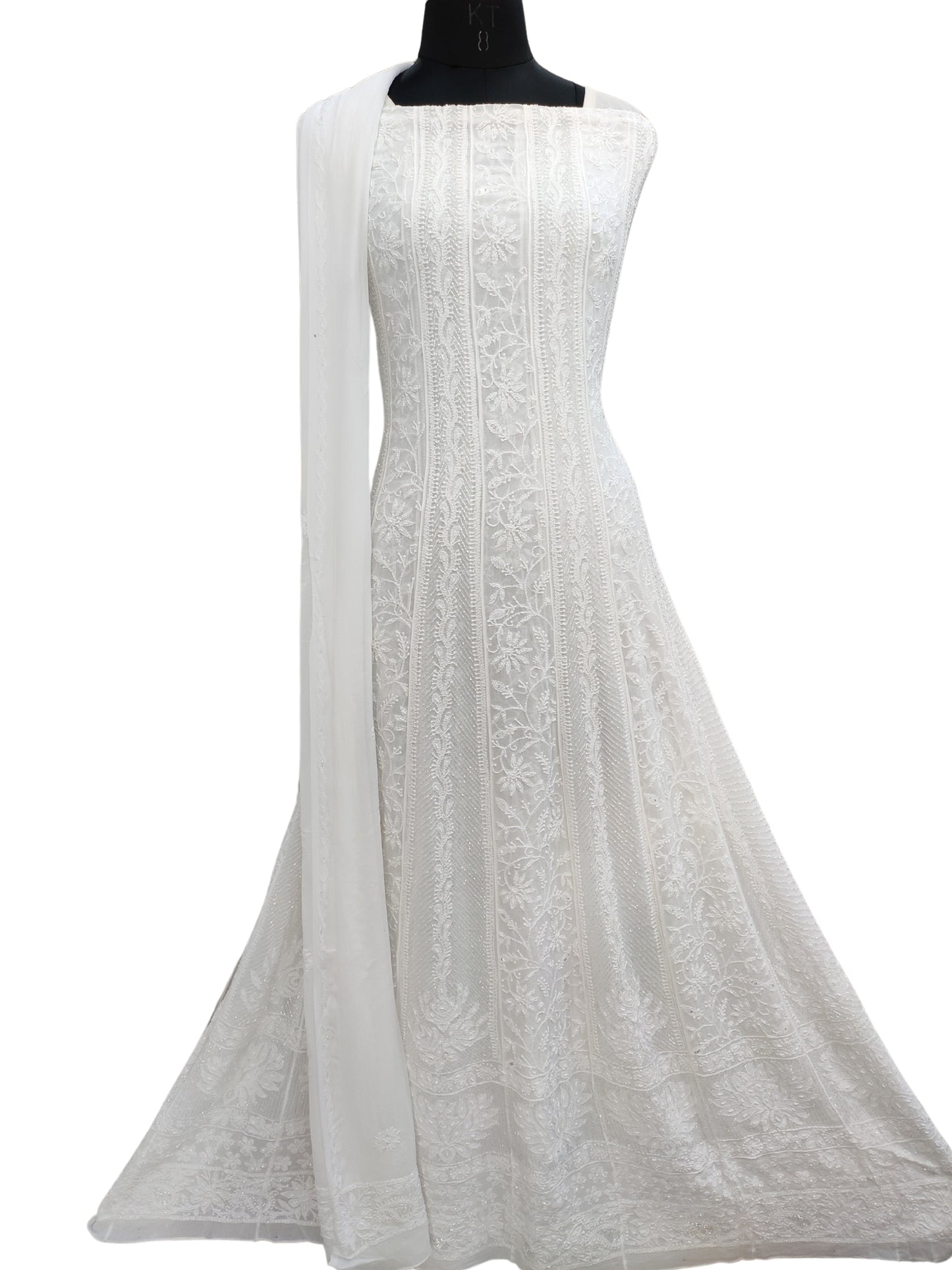 Shyamal Chikan Hand Embroidered White Viscose Georgette Lucknowi Chikankari Unstitched Anarkali Kurta Dupatta Set With Pearl And Cutdana, Sequine Work - S26761