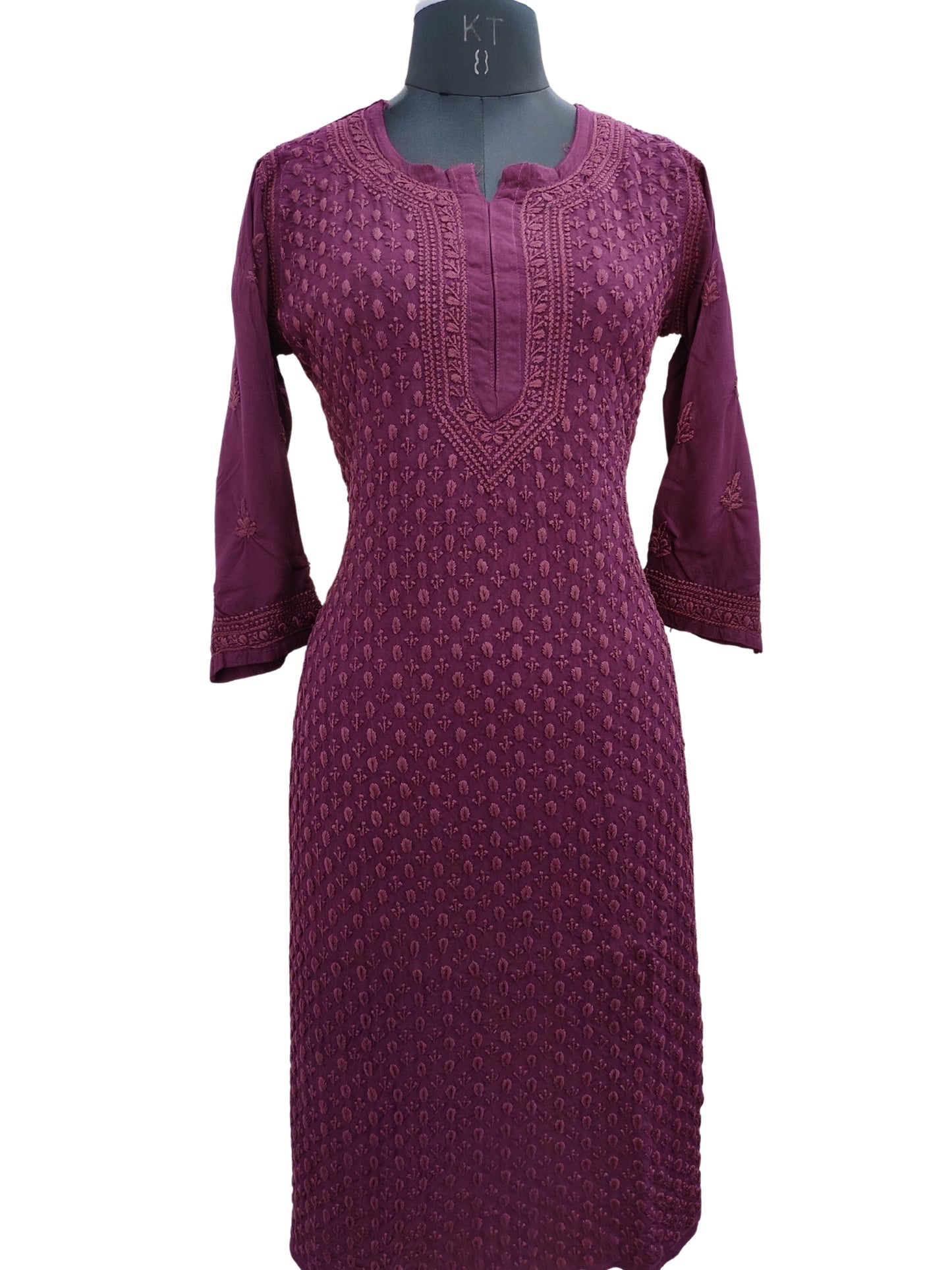 Shyamal Chikan Hand Embroidered Wine Rayon Cotton Lucknowi Chikankari Kurti - S26579