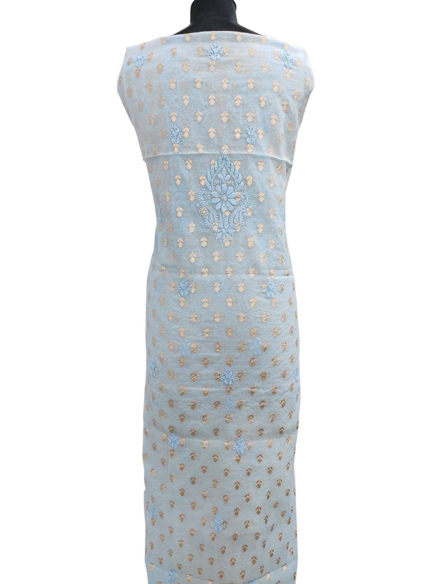 Shyamal Chikan Hand Embroidered Ice Blue Pure Chanderi Lucknowi Chikankari Unstitched Suit Piece ( Set of 2 ) - S15798