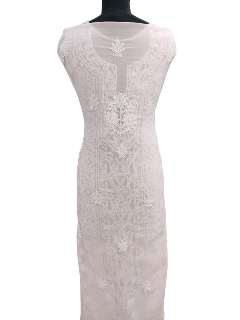 Shyamal Chikan Hand Embroidered Baby Pink Georgette Lucknowi Chikankari Unstitched Suit Piece With Jaali Work - S14306