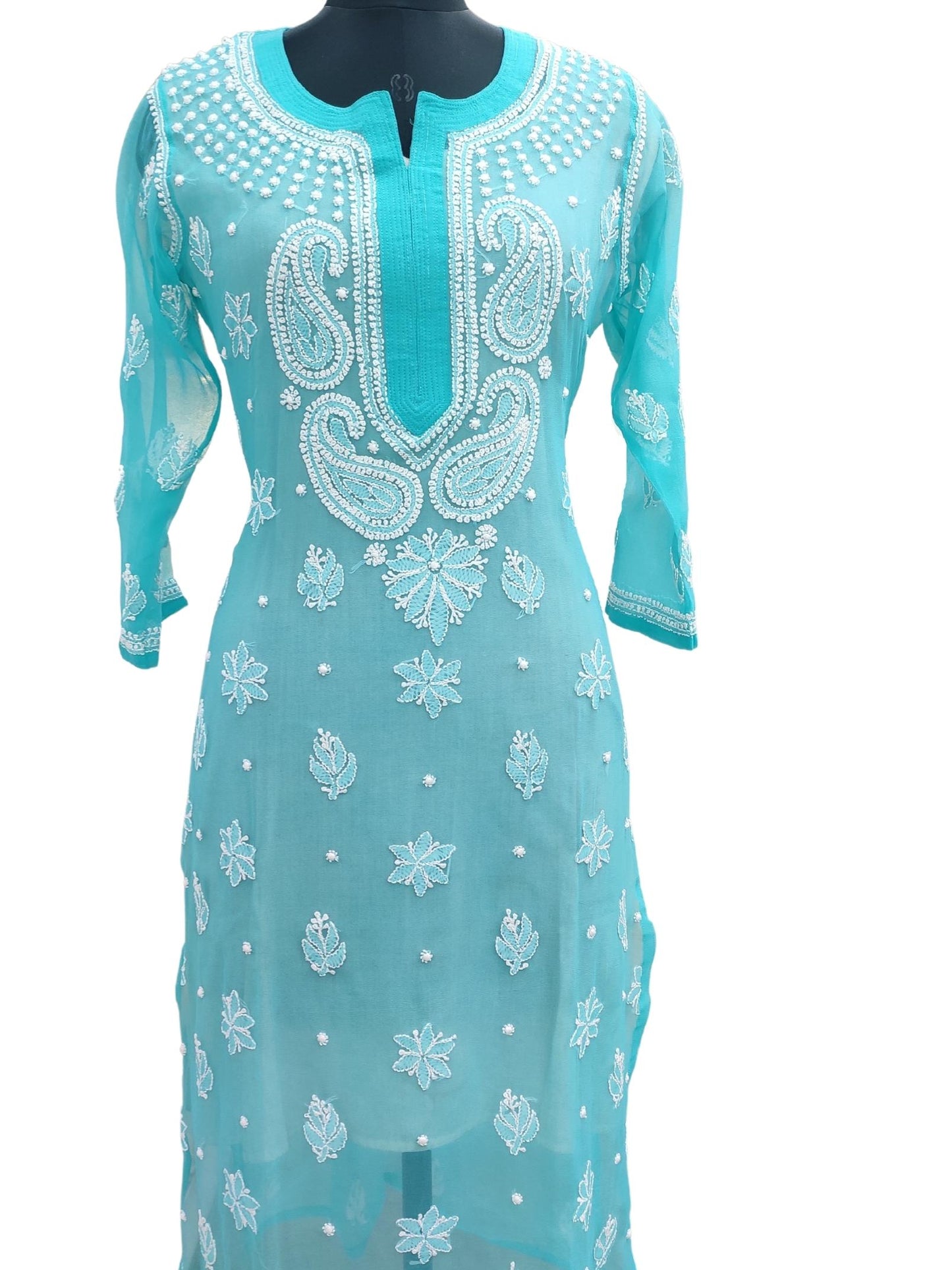 Shyamal Chikan Hand Embroidered Blue Georgette Lucknowi Chikankari Kurti - S13749