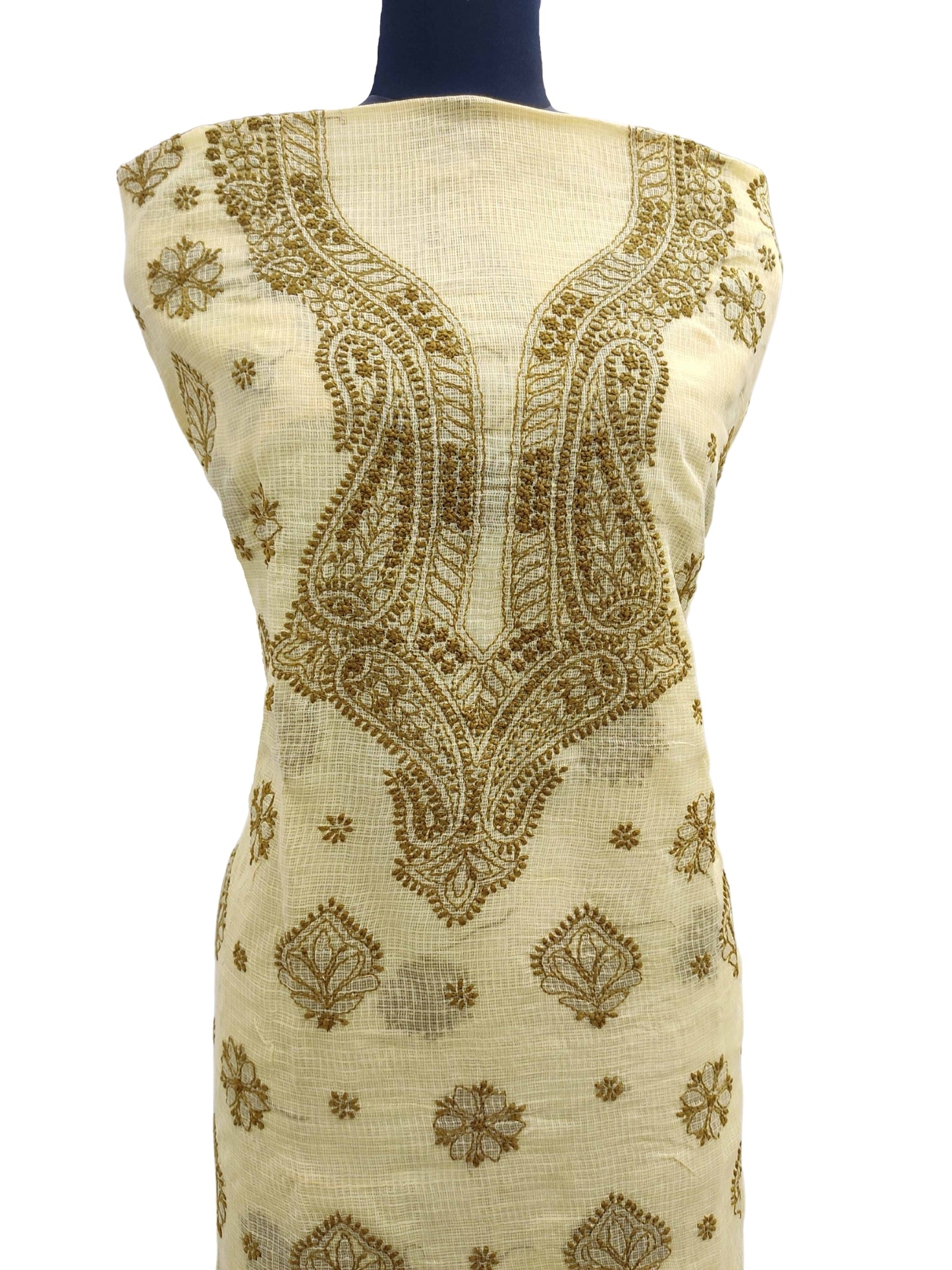 Shyamal Chikan Hand Embroidered Mustard Yellow Kota Cotton Lucknowi Chikankari Unstitched Kurta Piece - S11731