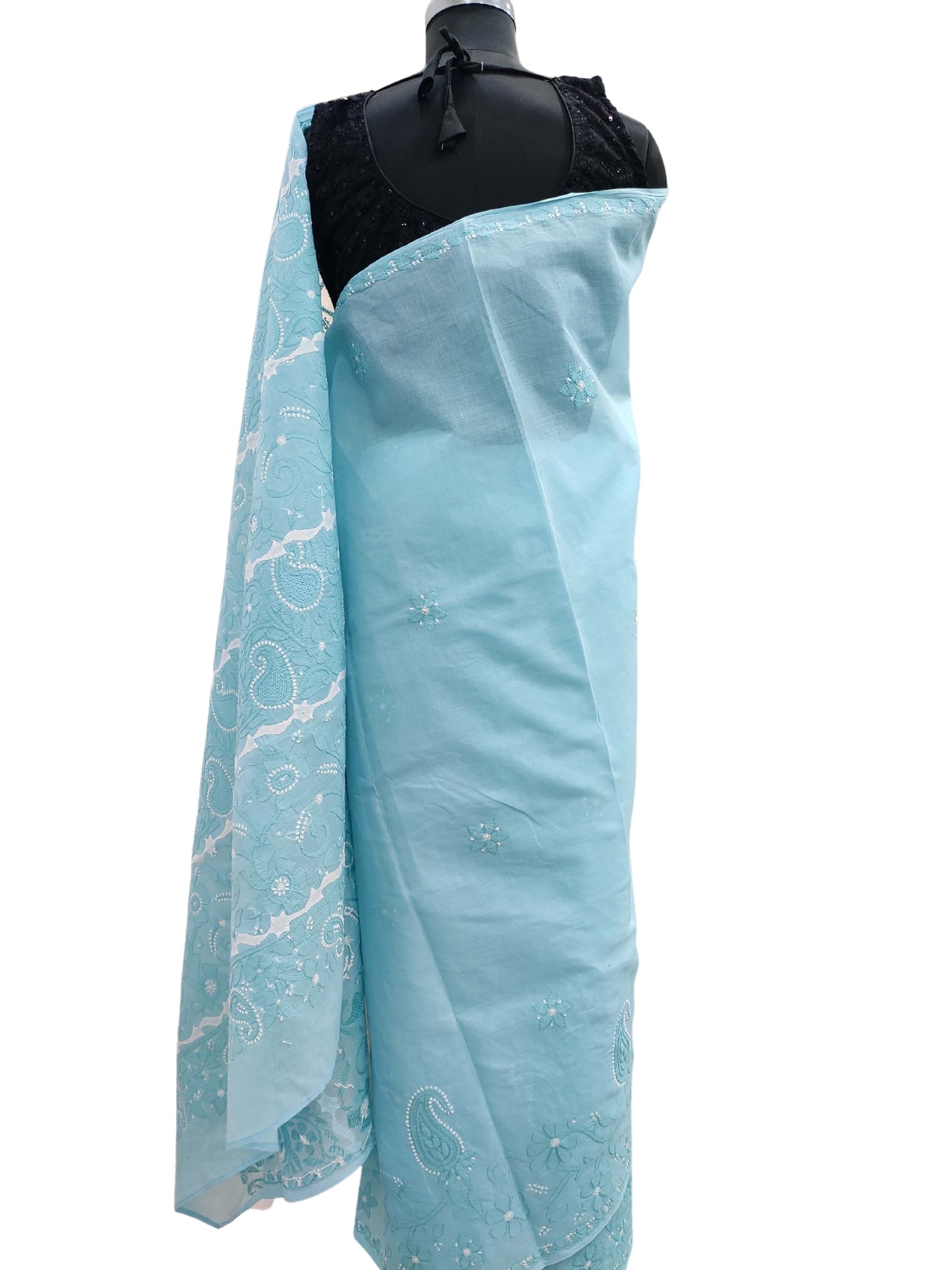 Shyamal Chikan Hand Embroidered Blue Cotton Lucknowi Chikankari Saree With Blouse Piece And daraz Work- S11942
