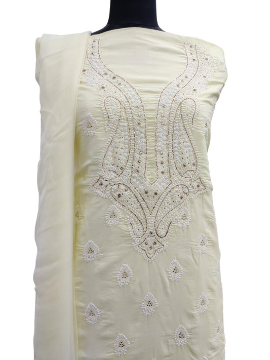 Shyamal Chikan Hand Embroidered Lemon Pure Cotton Lucknowi Chikankari Unstitched Suit Piece - S10896