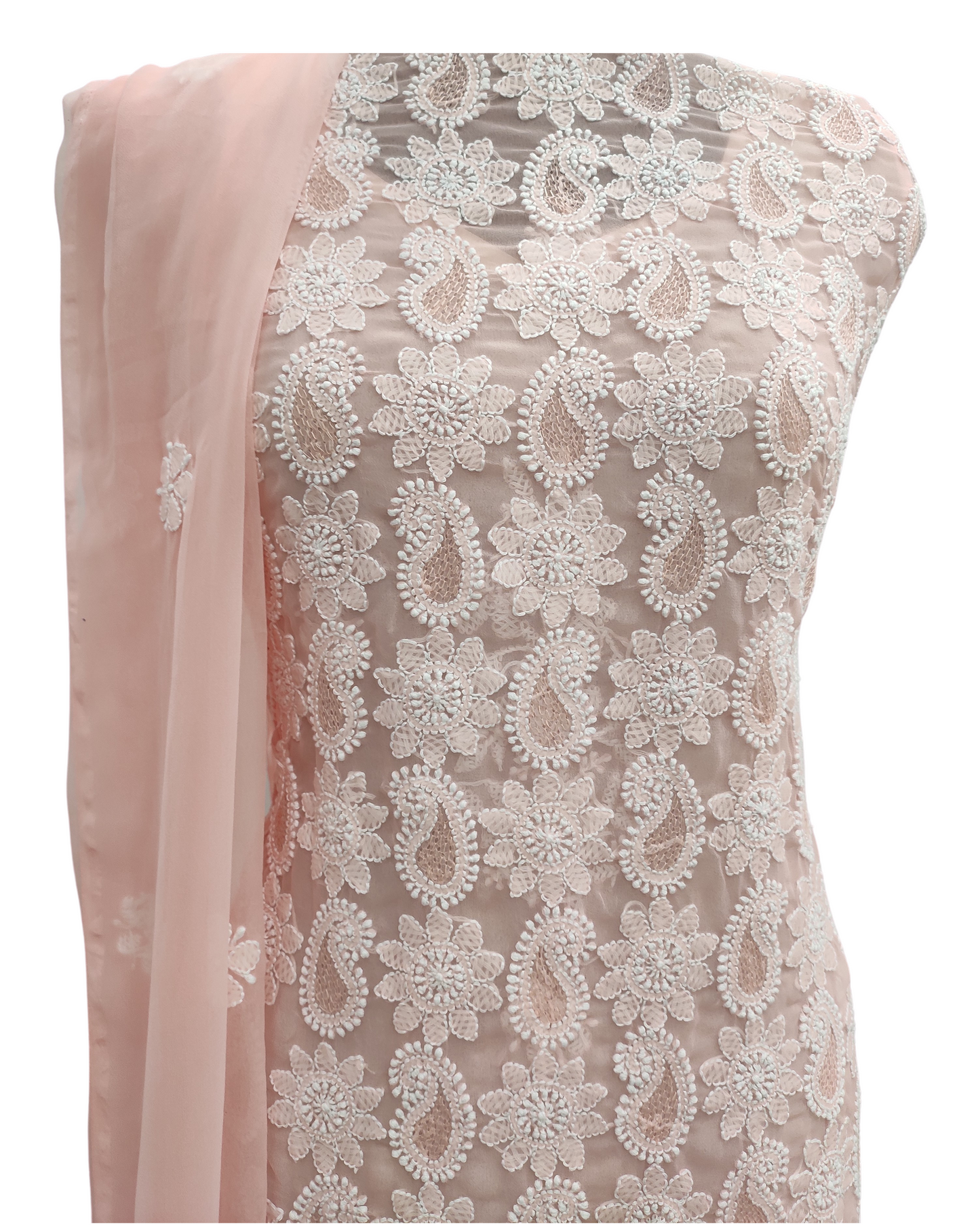 Shyamal Chikan Hand Embroidered Peach Georgette Lucknowi Chikankari Unstitched Suit Piece With Jaali Work - S10727 - Shyamal Chikan