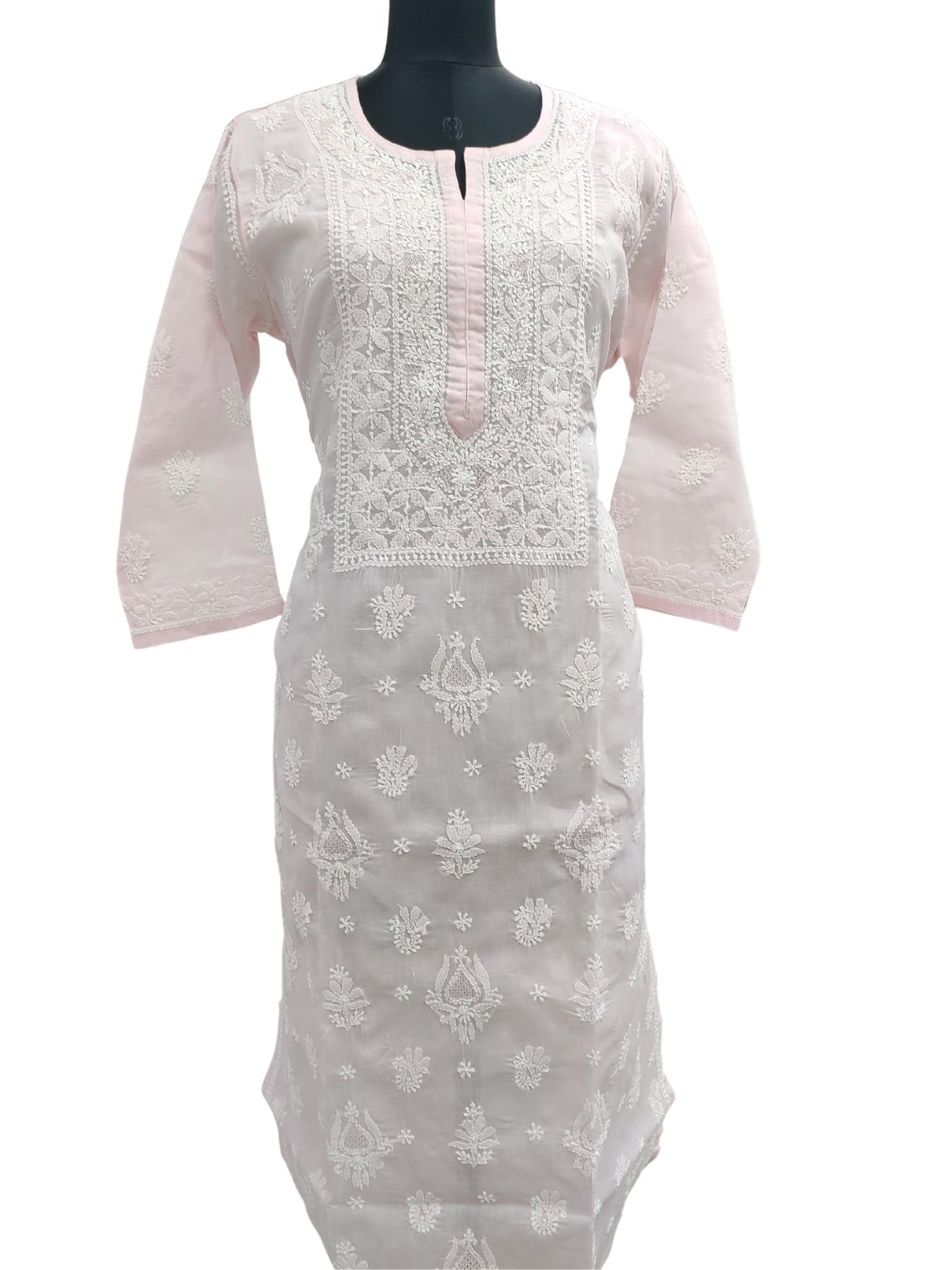 Shyamal Chikan Hand Embroidered Light Pink Cotton Lucknowi Chikankari Kurti With Jaali Work- S16461