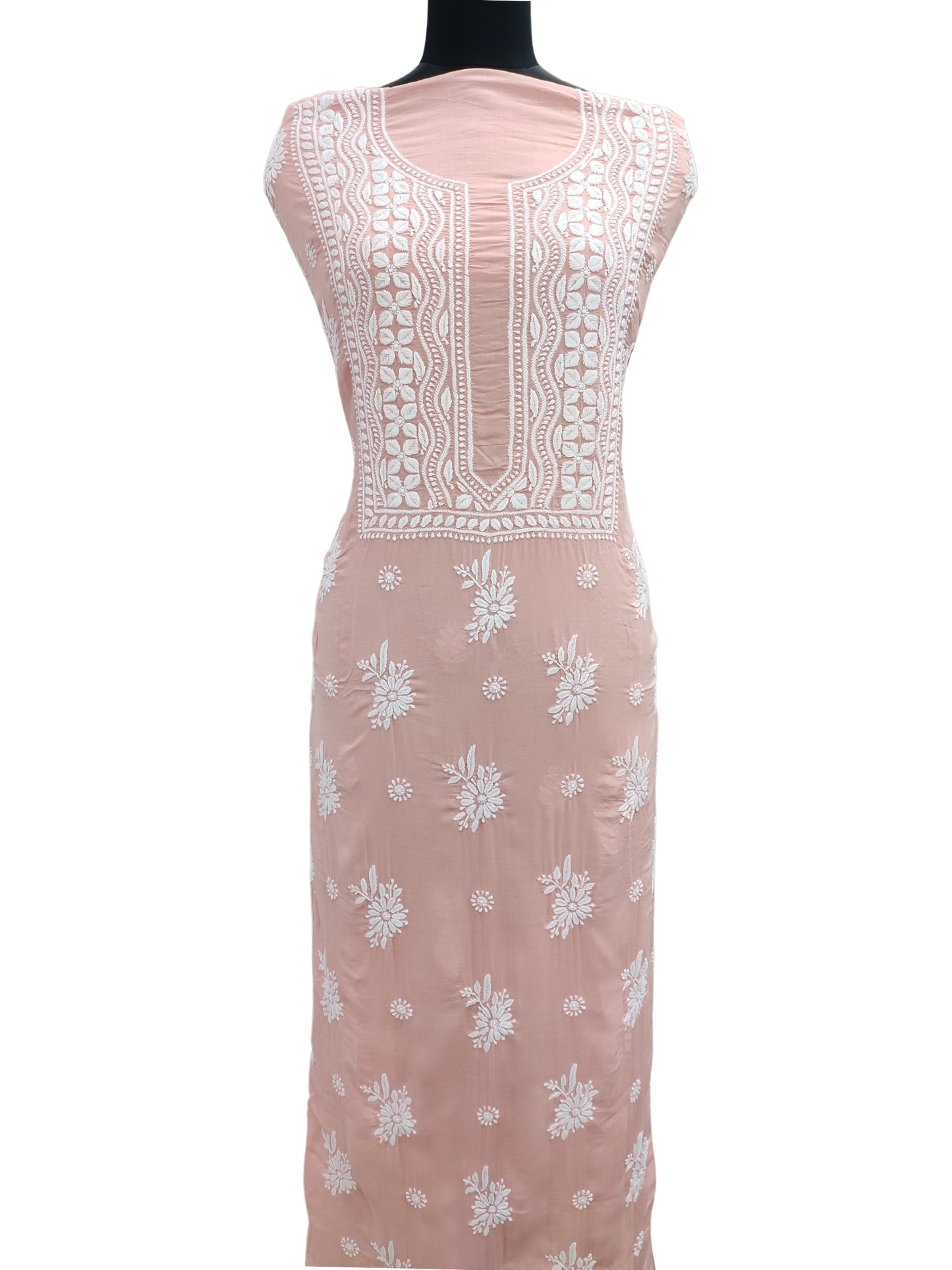 Shyamal Chikan Hand Embroidered Peach Modal Cotton Lucknowi Chikankari Unstitched Kurta Piece - S12439