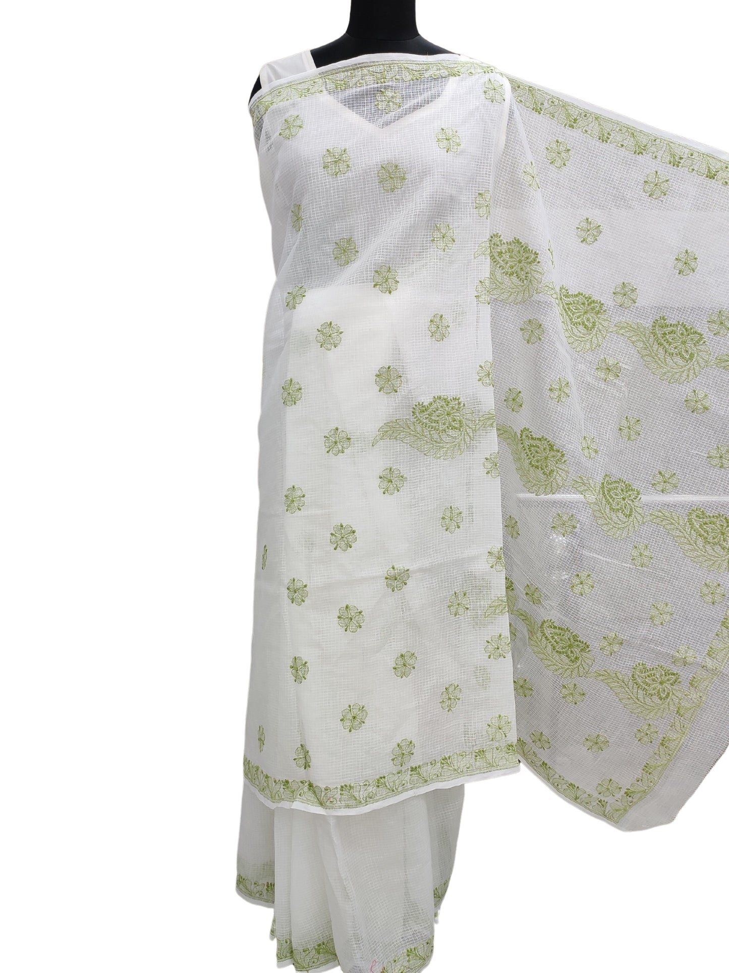 Shyamal Chikan Hand Embroidered White Kota Cotton Lucknowi Chikankari Saree With Blouse Piece- S6580
