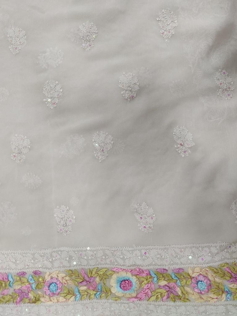 Shyamal Chikan Hand Embroidered White Viscose Georgette Lucknowi Chikankari Unstitched Kurta Piece With Parsi And Sequin Work - S5746 - Shyamal Chikan