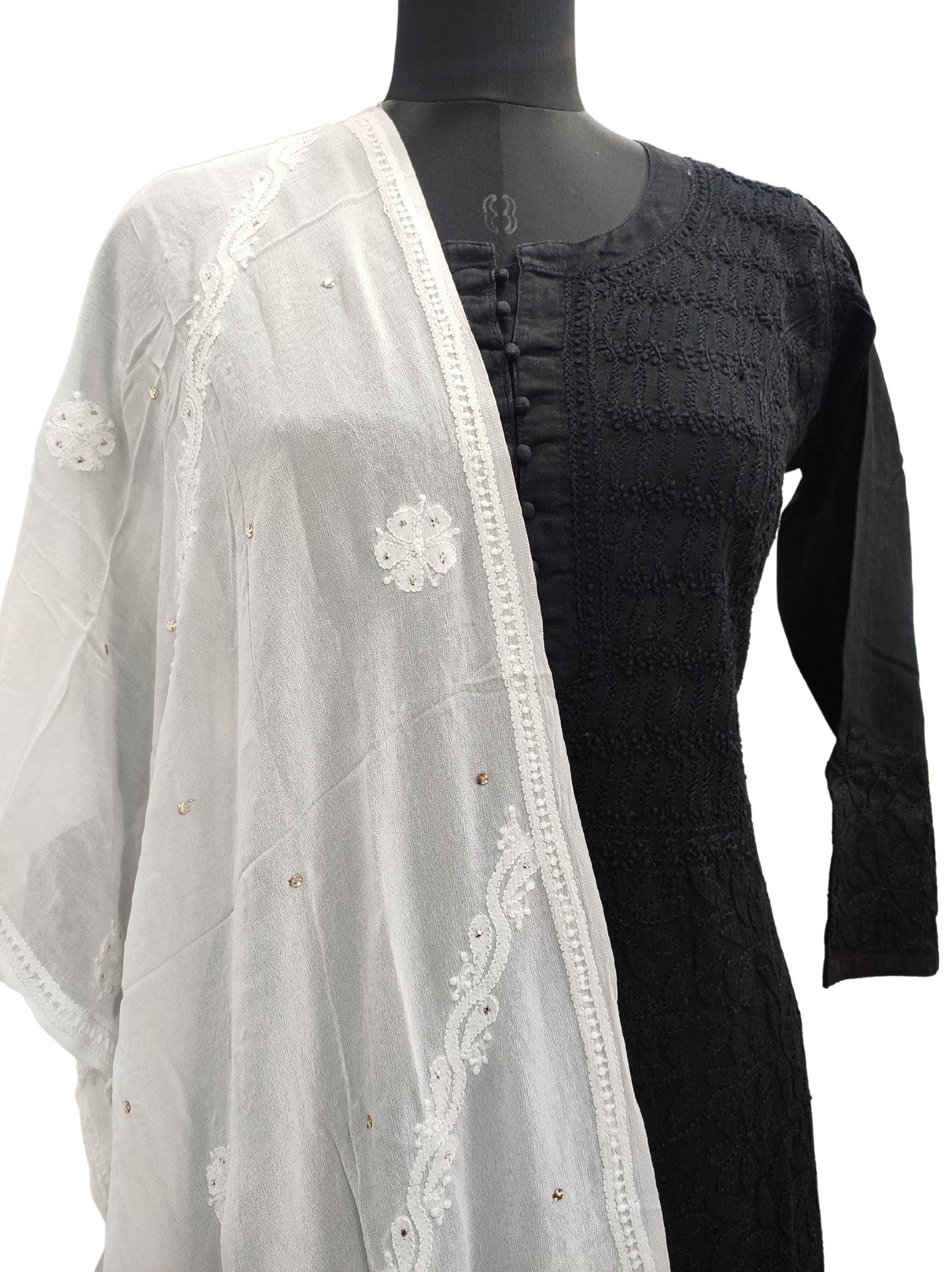 Shyamal Chikan Hand Embroidered White Viscose Georgette Lucknowi Chikankari Stole With Mukaish Work - S12804