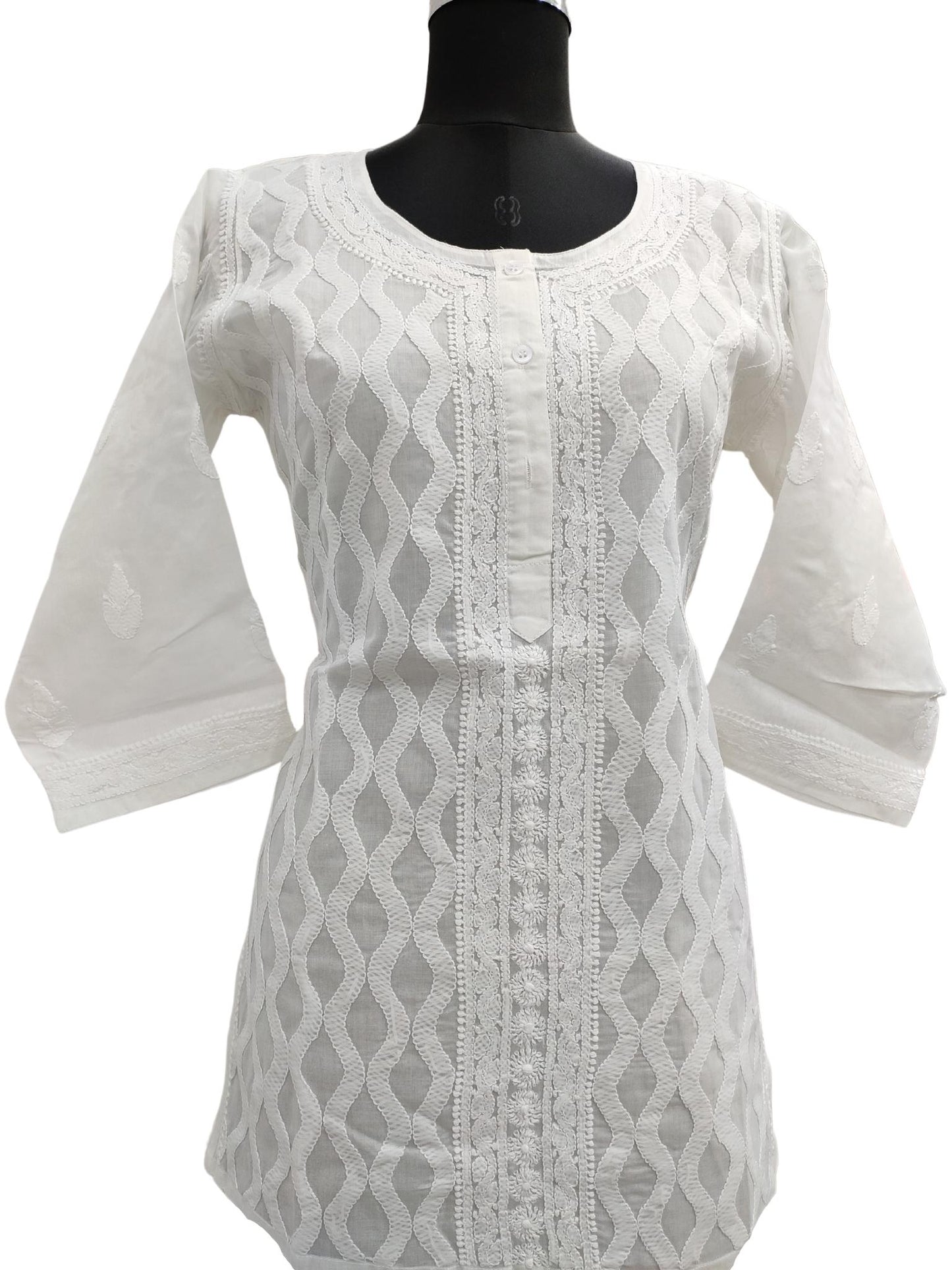 Shyamal Chikan Hand Embroidered White Cotton Lucknowi Chikankari Short Top - S15665