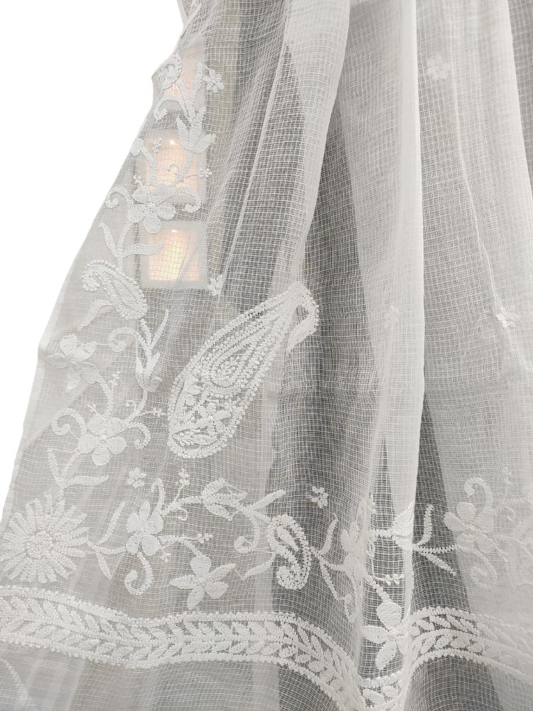 Shyamal Chikan Hand Embroidered White Kota Cotton Lucknowi Chikankari Dupatta - S13859