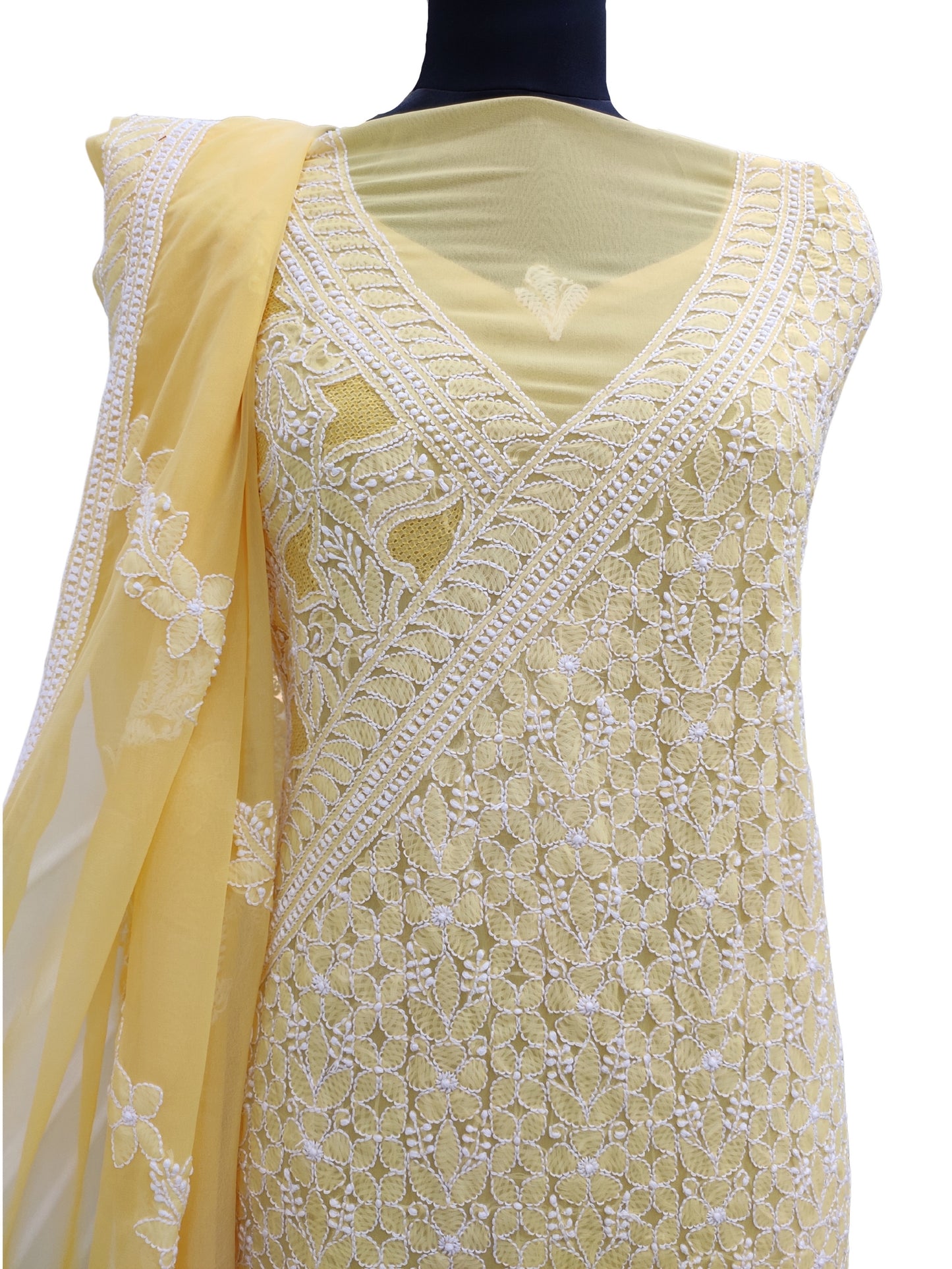 Shyamal Chikan Hand Embroidered Yellow High Quality Georgette Lucknowi Chikankari Unstitched Suit Piece With Four Side Border Dupatta - S12131