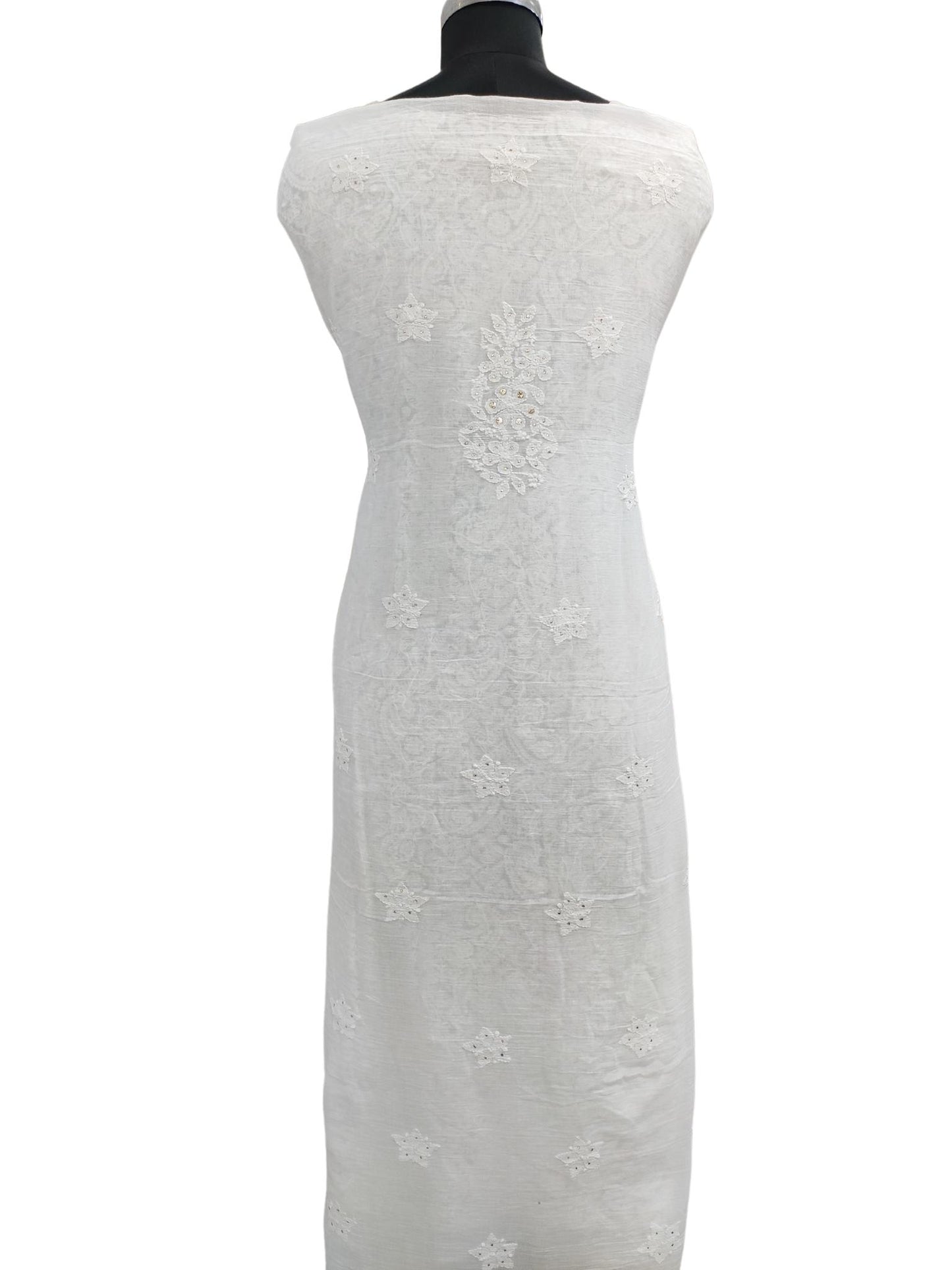 Shyamal Chikan Hand Embroidered White Mangalgiri Cotton Lucknowi Chikankari Unstitched Suit Piece With Mukaish Work ( Set of 2 ) - S16199