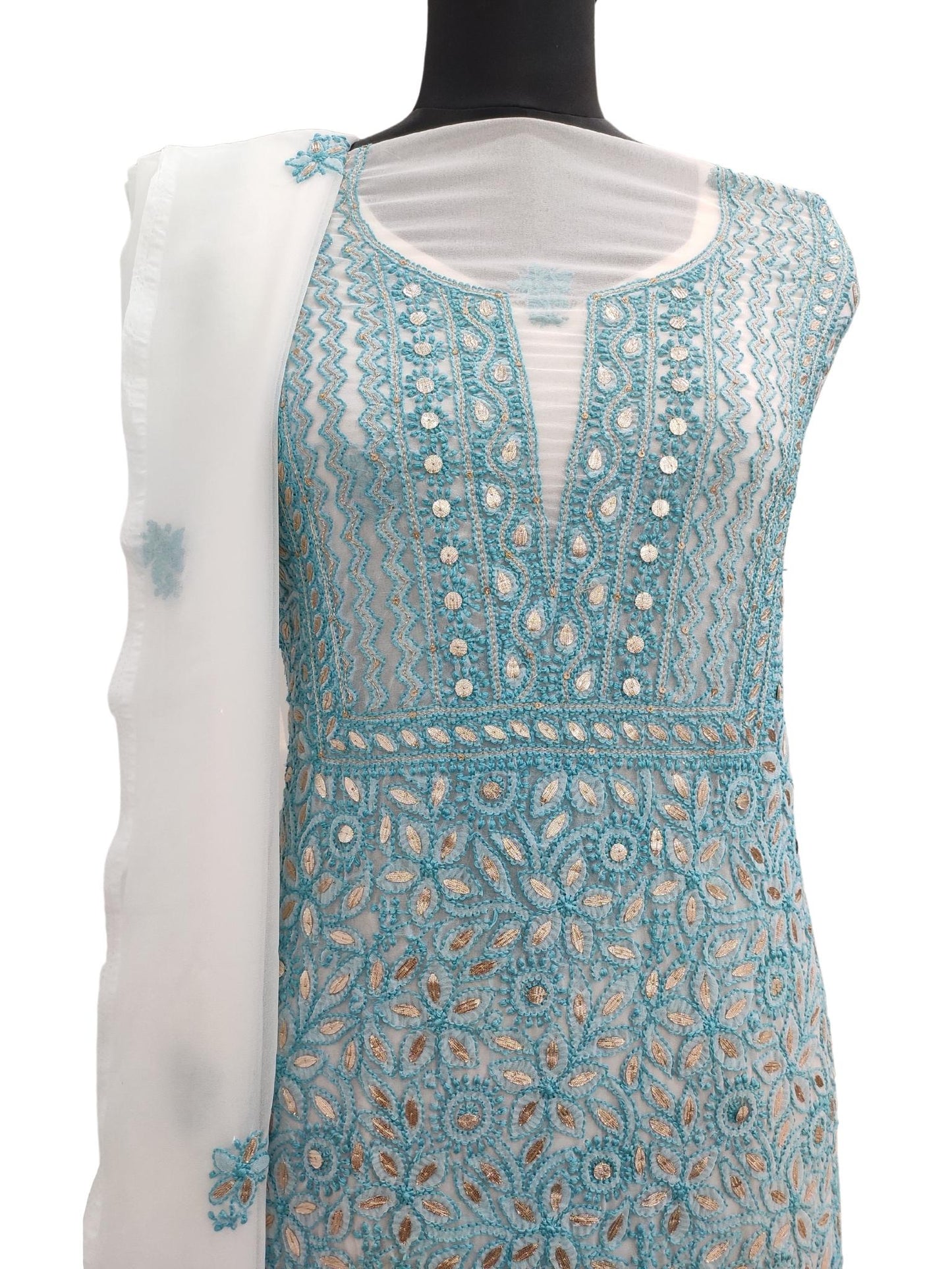 Shyamal Chikan Hand Embroidered White Georgette Lucknowi Chikankari Unstitched Suit Piece With Gotta Patti Work - S16258