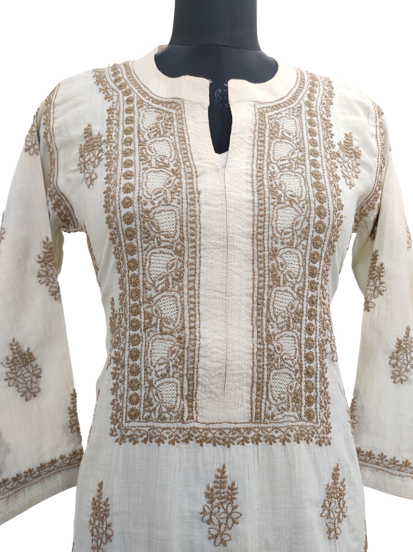 Shyamal Chikan Hand Embroidered Beige Chanderi Cotton Lucknowi Chikankari Kurti - S12838