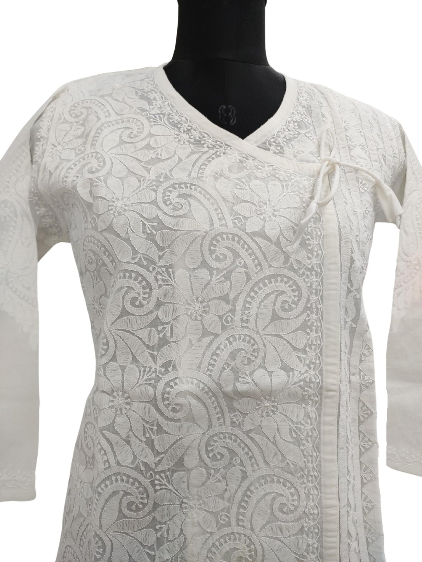 Shyamal Chikan Hand Embroidered White Cotton Lucknowi Chikankari Angrakha Short Top - S15818