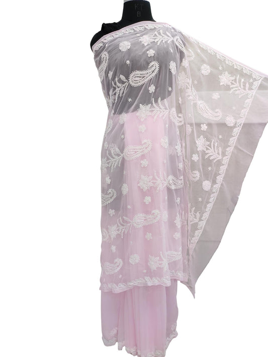 Shyamal Chikan Hand Embroidered Pink Georgette Lucknowi Chikankari Saree With Blouse Piece - S19788