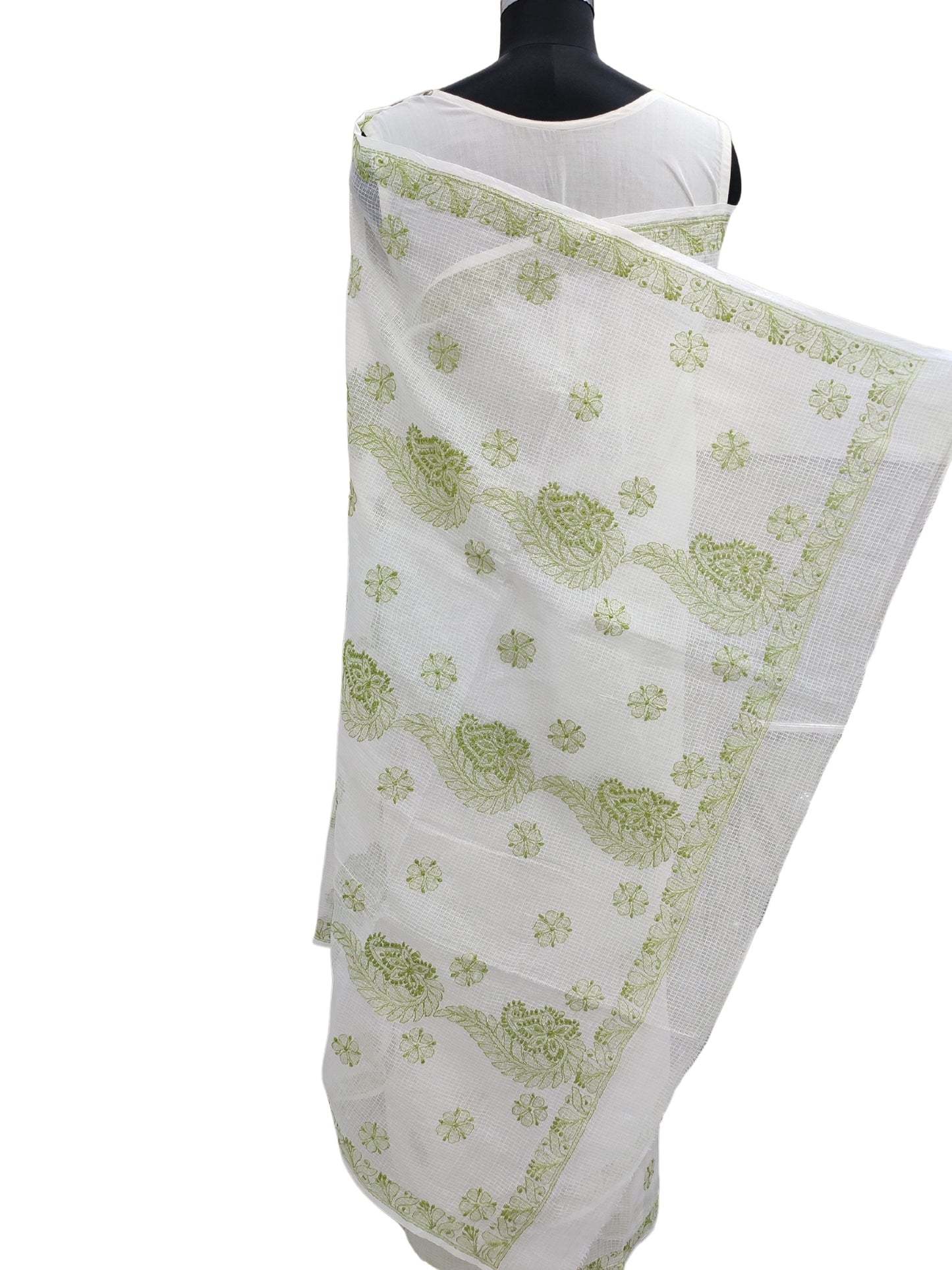 Shyamal Chikan Hand Embroidered White Kota Cotton Lucknowi Chikankari Saree With Blouse Piece- S6580