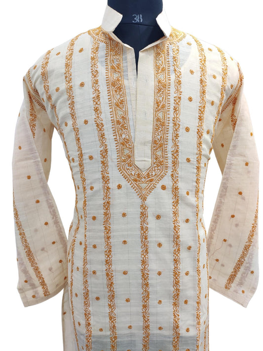 ShyamaChikan Hand Embroidered Beige Cotton Lucknowi Chikankari Men's Kurta –S17254