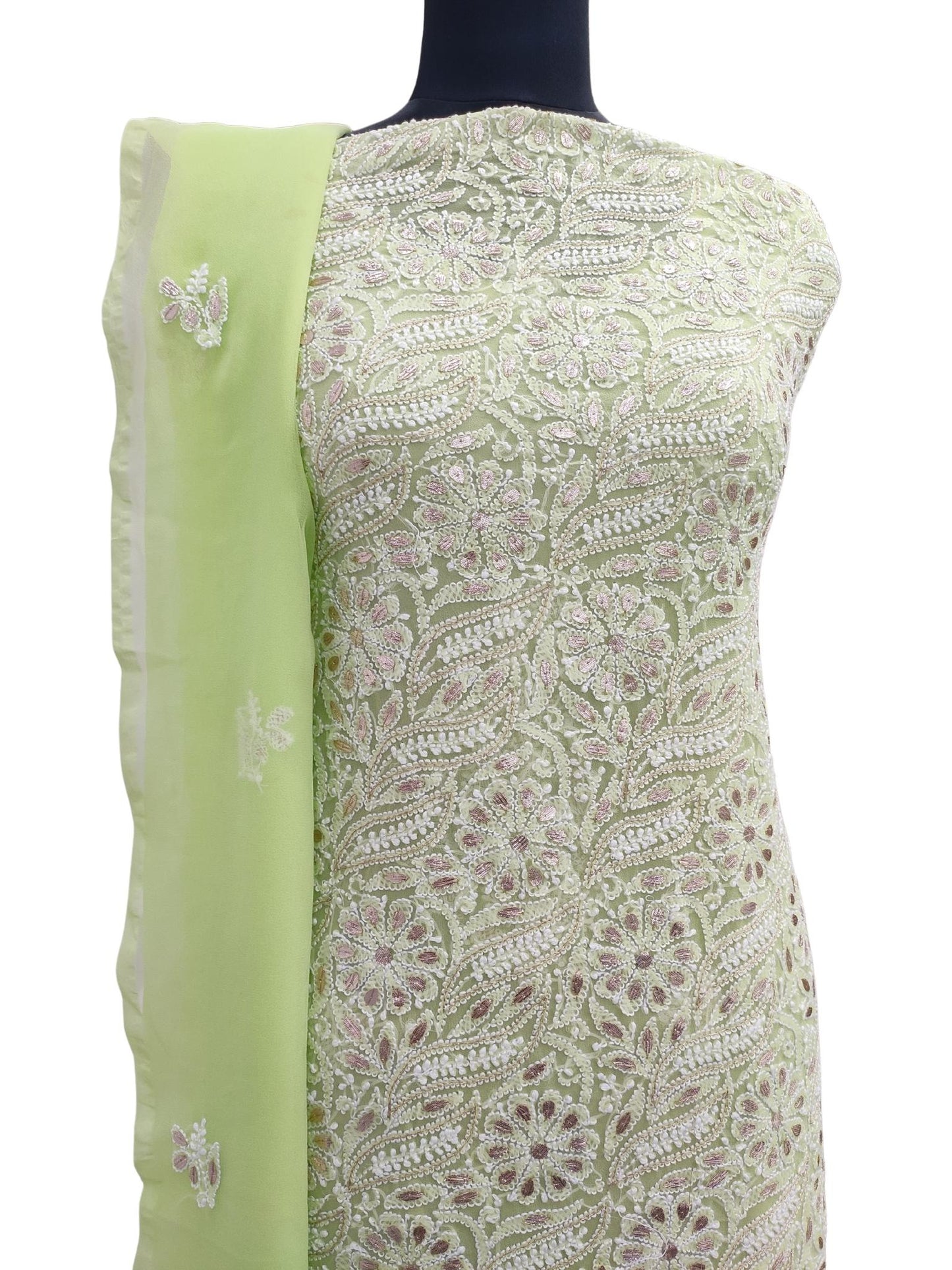 Shyamal Chikan Hand Embroidered Mint Green Georgette Lucknowi Chikankari Unstitched Suit Piece With Gotta Patti Work - S16250