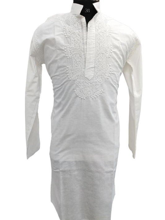 Shyamal Chikan Hand Embroidered White Cotton Lucknowi Chikankari Men's Kurta – S15011