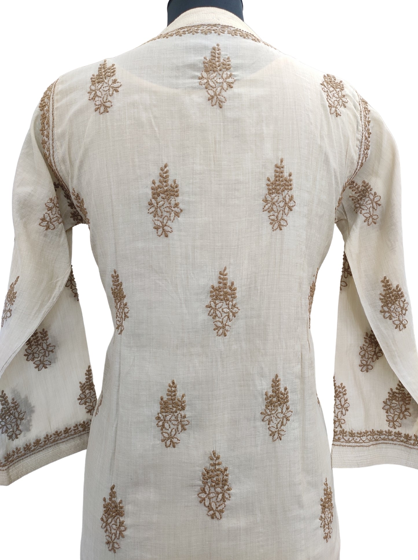 Shyamal Chikan Hand Embroidered Beige Chanderi Cotton Lucknowi Chikankari Kurti - S12838