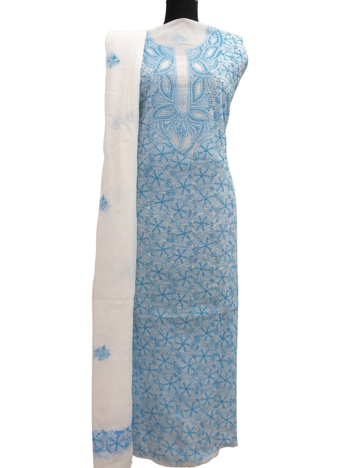 Shyamal Chikan Hand Embroidered White Kota Cotton Lucknowi Chikankari Unstitched Suit Piece - S5135