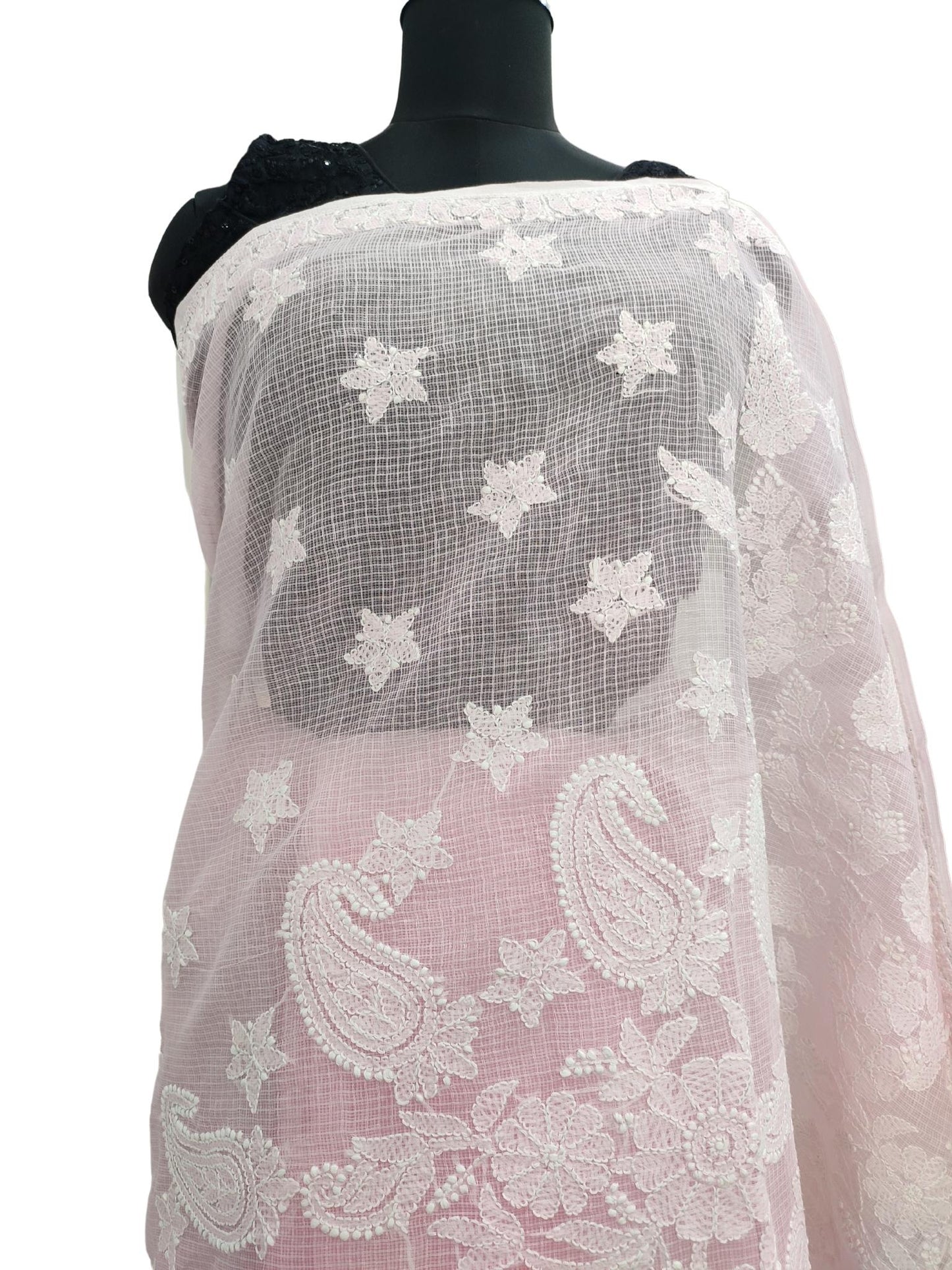 Shyamal Chikan Hand Embroidered Pink Kota Cotton Lucknowi Chikankari Saree With Blouse Piece - S15591