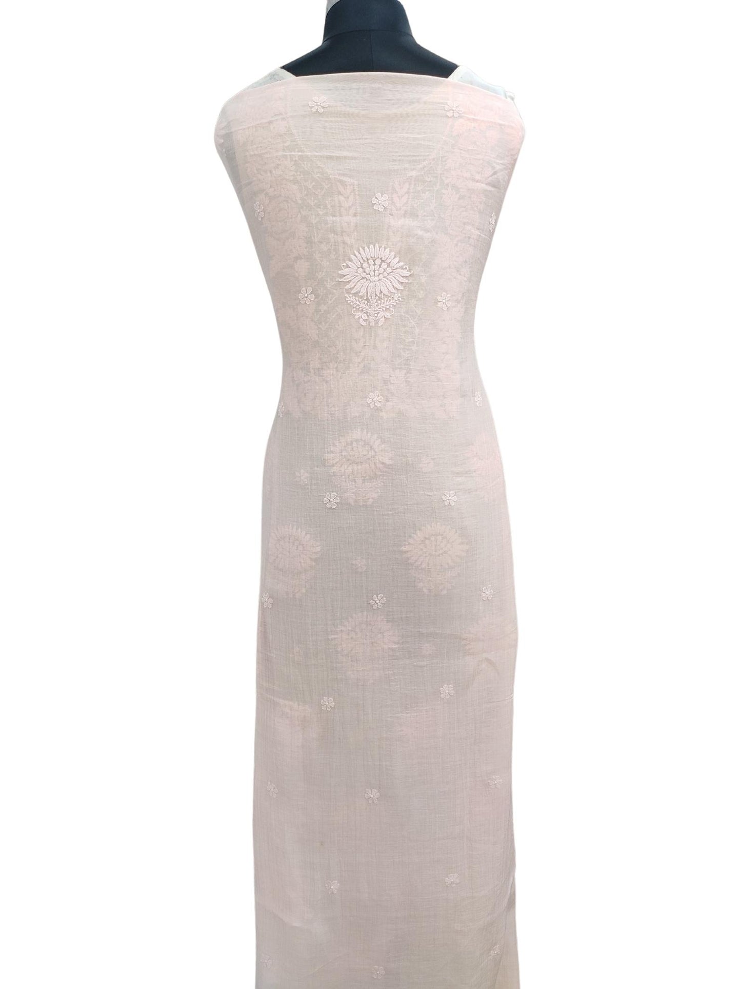Shyamal Chikan Hand Embroidered Peach Mul Chanderi Lucknowi Chikankari Unstitched Embellised Suit Piece (Kurta Duptta Set) - S18168