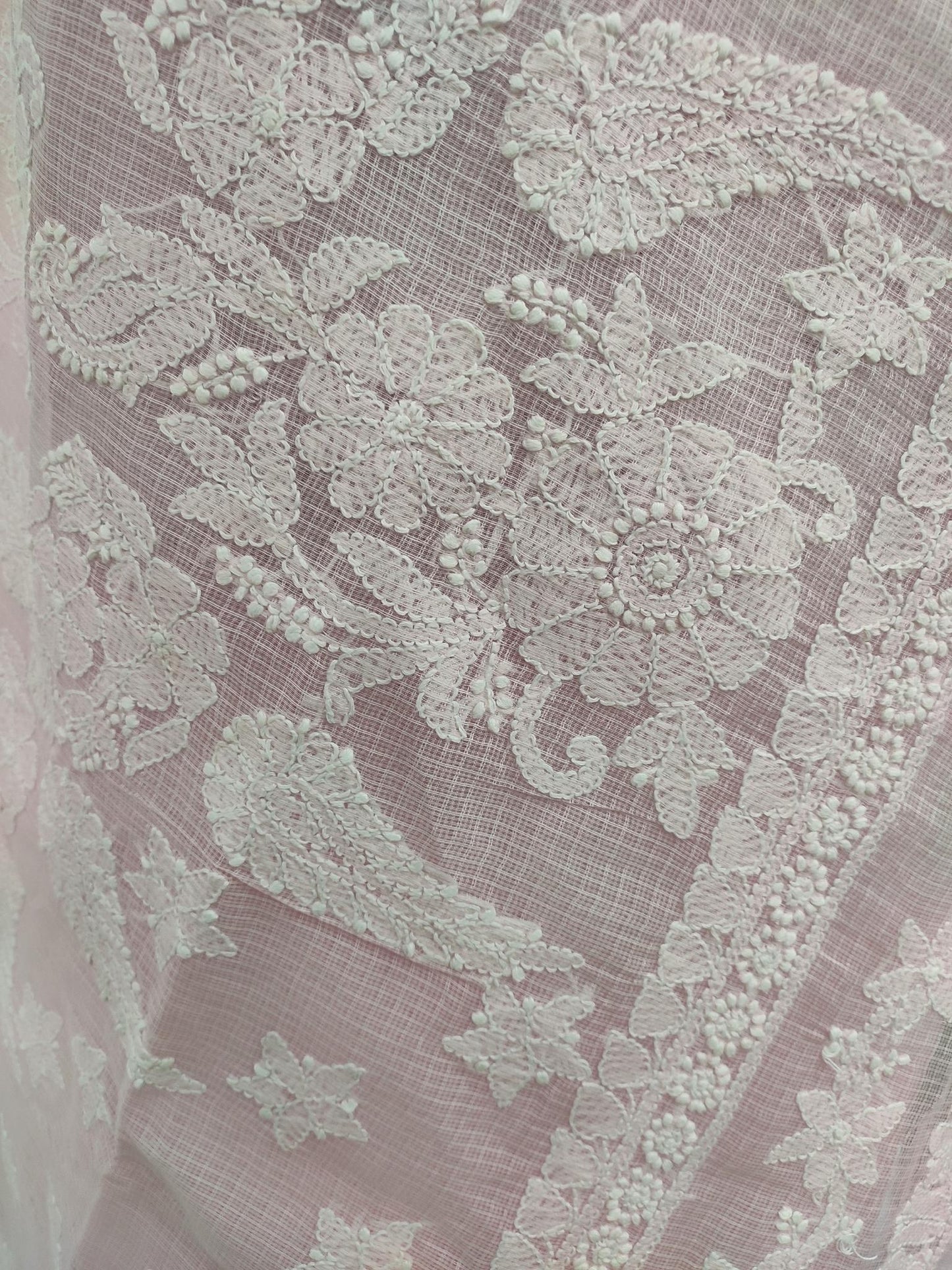 Shyamal Chikan Hand Embroidered Pink Kota Cotton Lucknowi Chikankari Saree With Blouse Piece - S15591