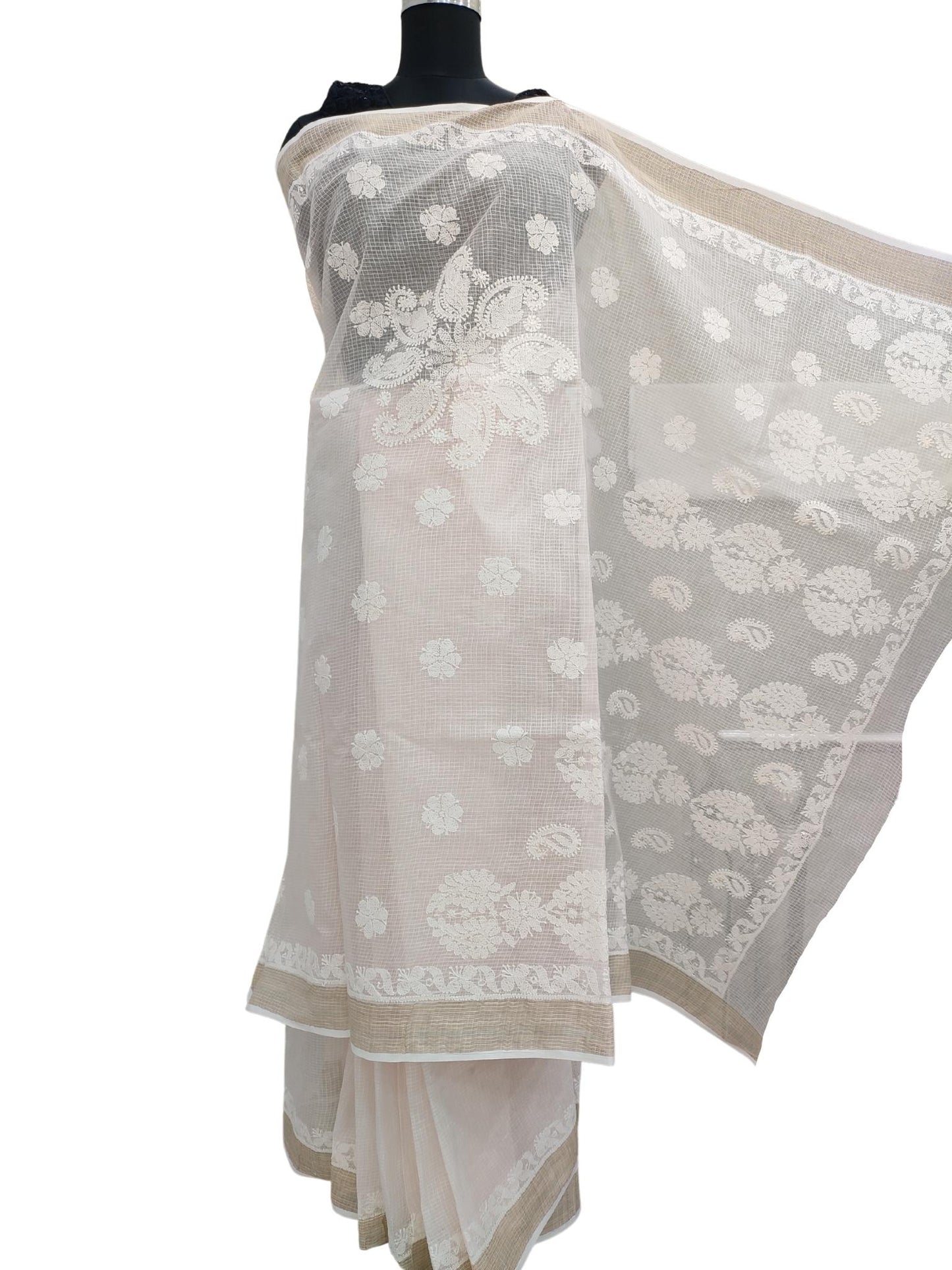 Shyamal Chikan Hand Embroidered Peach Kota Cotton Lucknowi Chikankari Saree With Blouse Piece - S15594