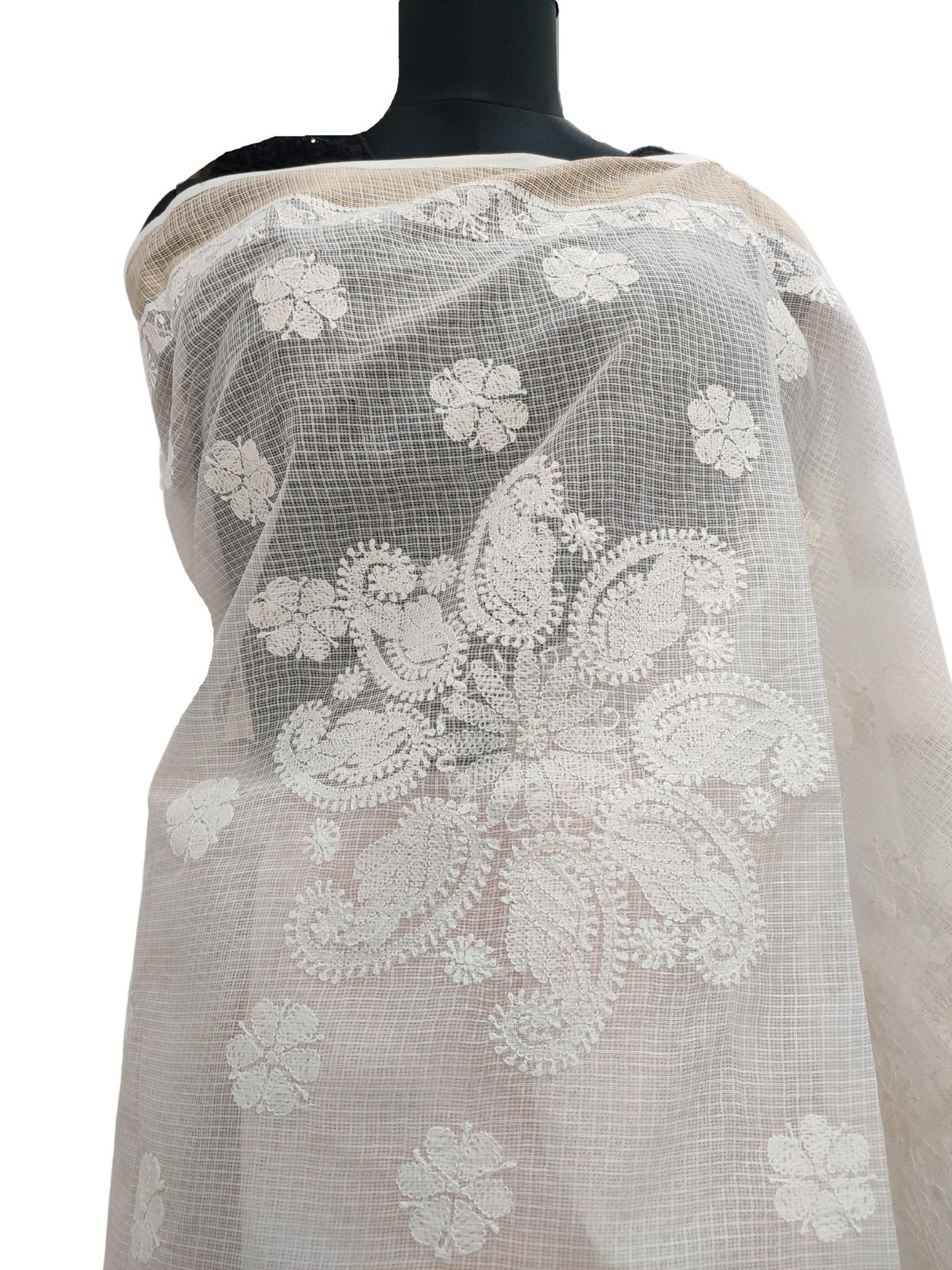 Shyamal Chikan Hand Embroidered Peach Kota Cotton Lucknowi Chikankari Saree With Blouse Piece - S15594