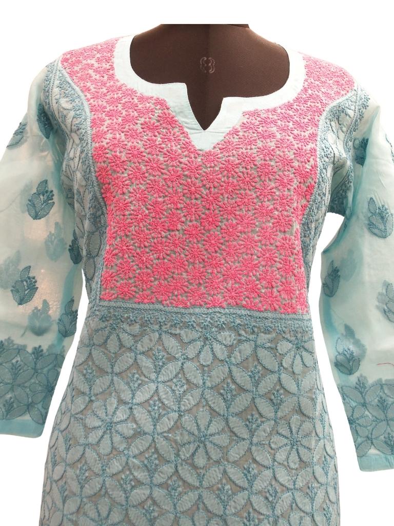 Shyamal Chikan Hand Embroidered Blue Cotton Lucknowi Chikankari Kurti- S3124