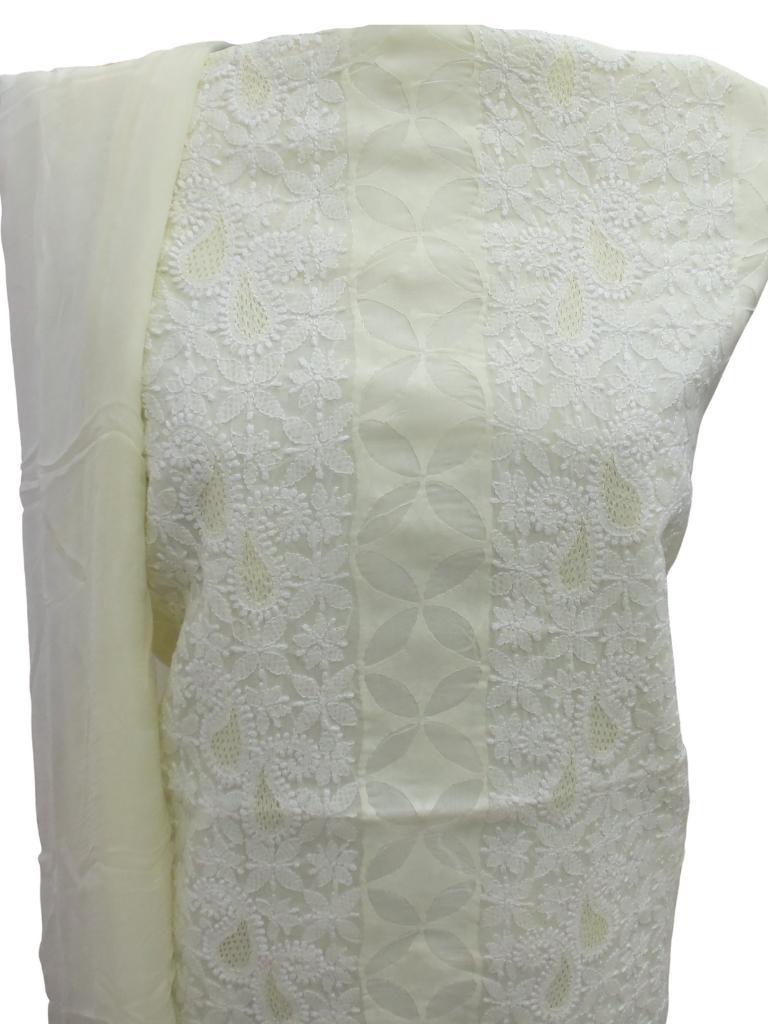 Shyamal Chikan Hand Embroidered Lemon Cotton Lucknowi Chikankari Unstitched Suit Piece With Daraz Work And Jaali Work- S692