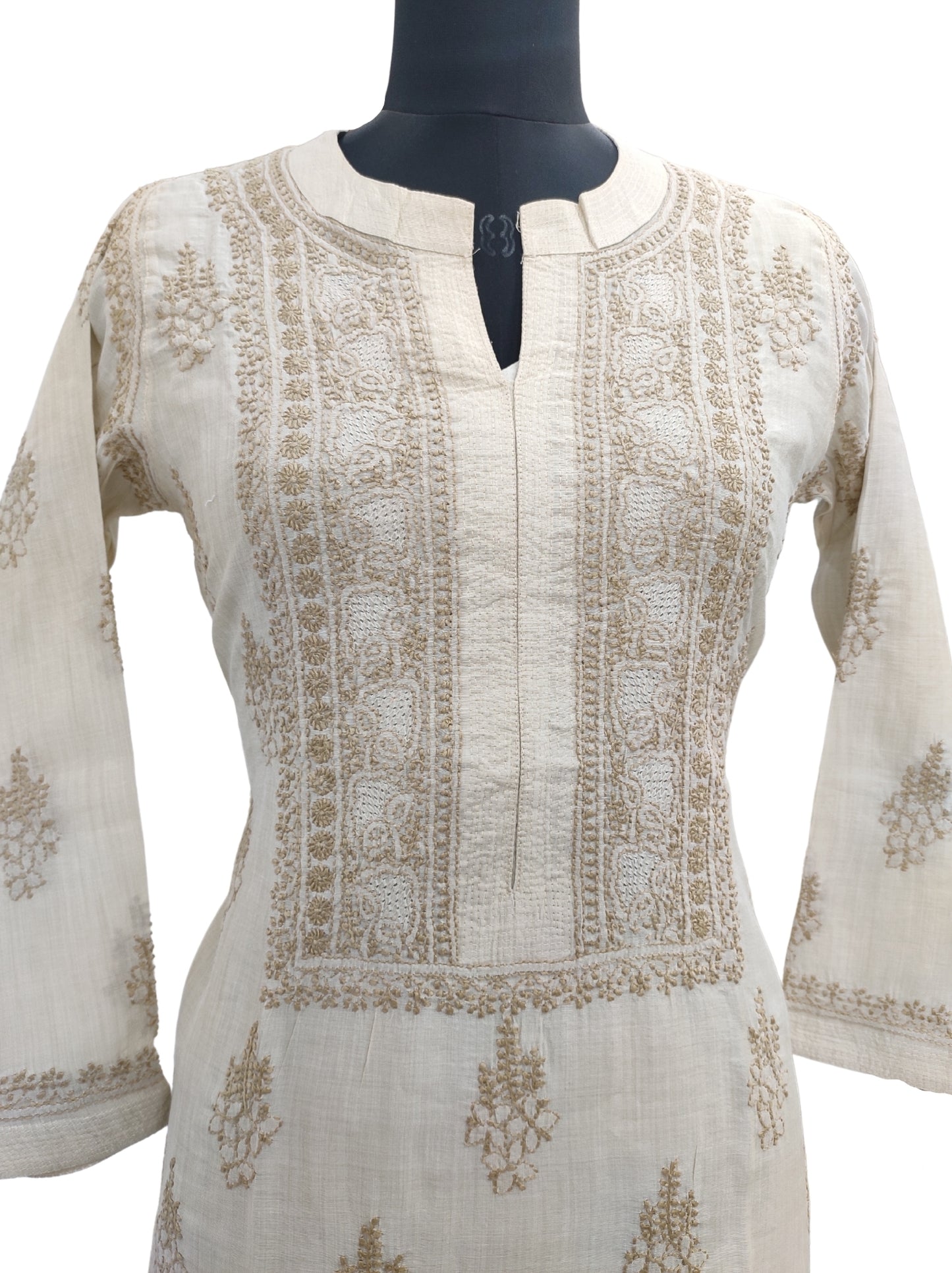 Shyamal Chikan Hand Embroidered Beige Chanderi Cotton Lucknowi Chikankari Kurti - S12844
