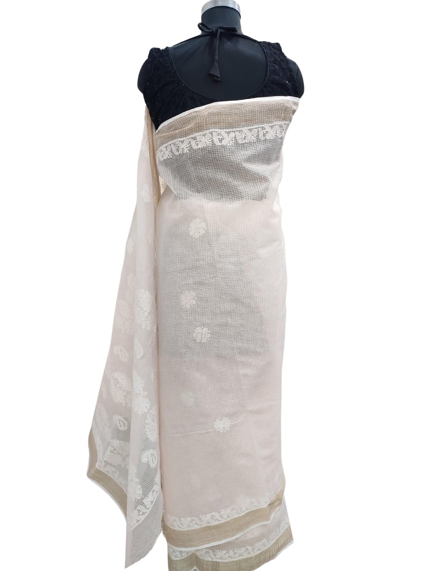 Shyamal Chikan Hand Embroidered Peach Kota Cotton Lucknowi Chikankari Saree With Blouse Piece - S15594