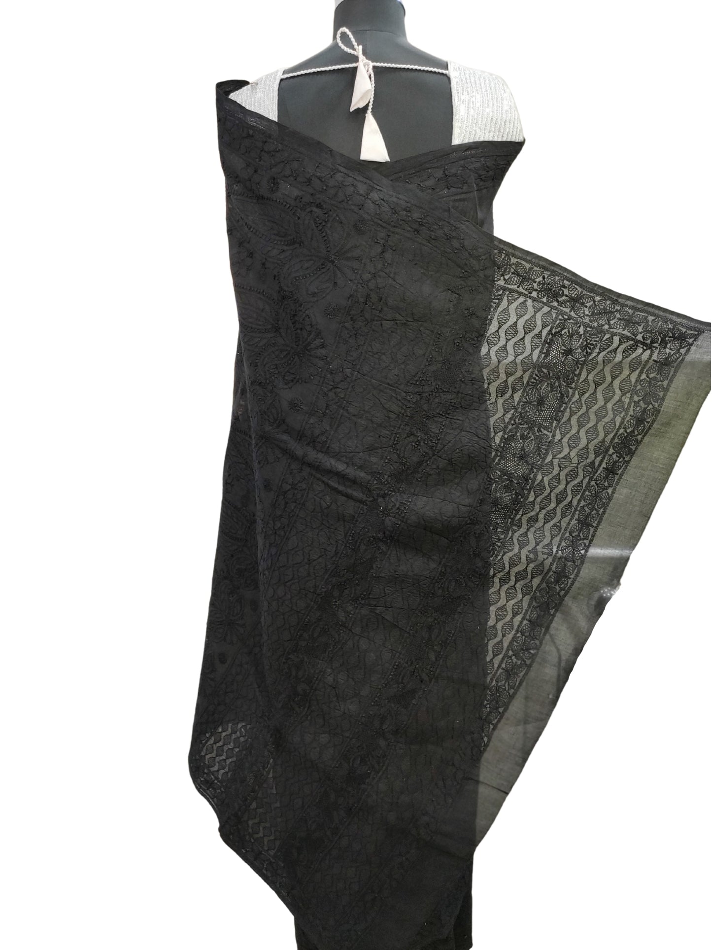 Shyamal Chikan Hand Embroidered Black Cotton Lucknowi Chikankari Heavy Palla Saree With Blouse Piece-S11944