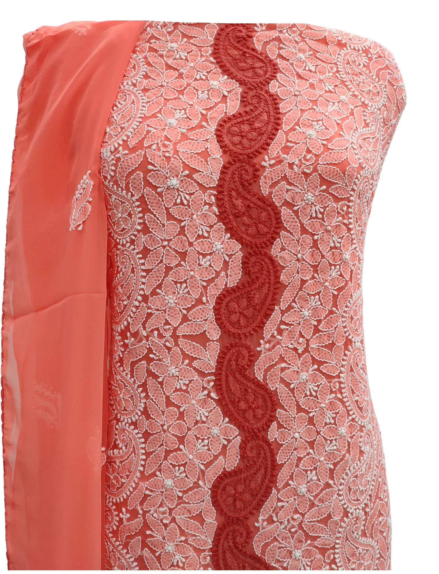 Shyamal Chikan Hand Embroidered Peach Georgette Lucknowi Chikankari Unstitched Suit Piece With Crosia Work - S10747 - Shyamal Chikan